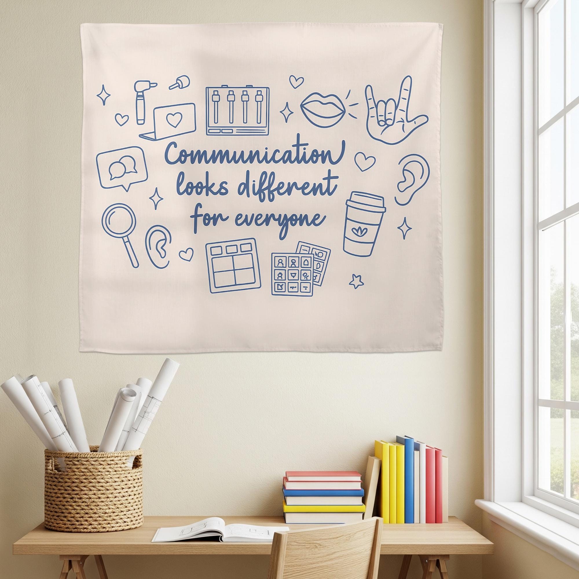 Speech Therapy Tapestry | Communication Looks Different Wall Art | SLP Office Decor | AAC Inclusive Classroom Banner | Neurodivergent Gift