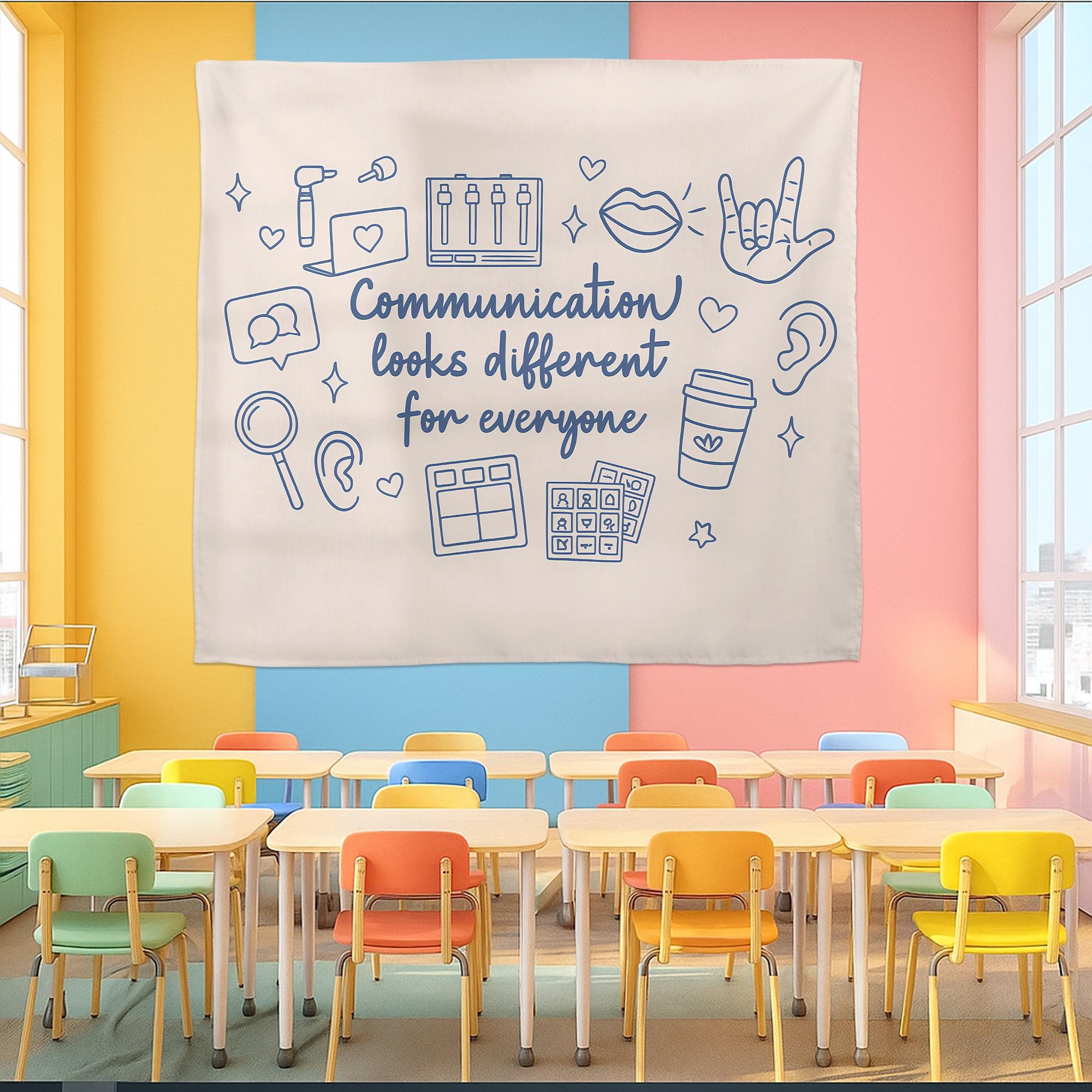 Speech Therapy Tapestry | Communication Looks Different Wall Art | SLP Office Decor | AAC Inclusive Classroom Banner | Neurodivergent Gift