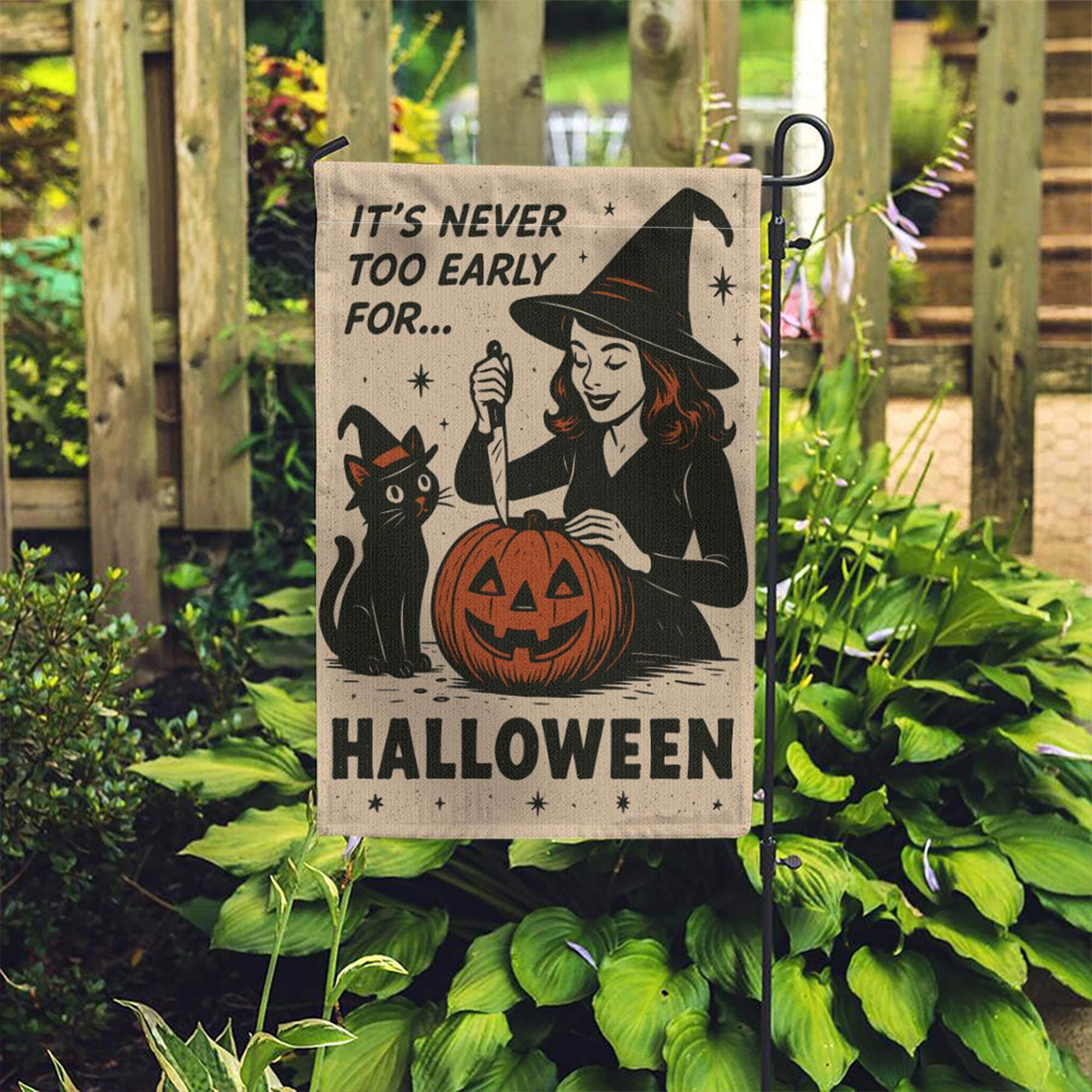 Retro Halloween Garden Flag | Witch & Black Cat Fall Yard Decor | It’s Never Too Early for Halloween | Vintage Pumpkin Outdoor Sign
