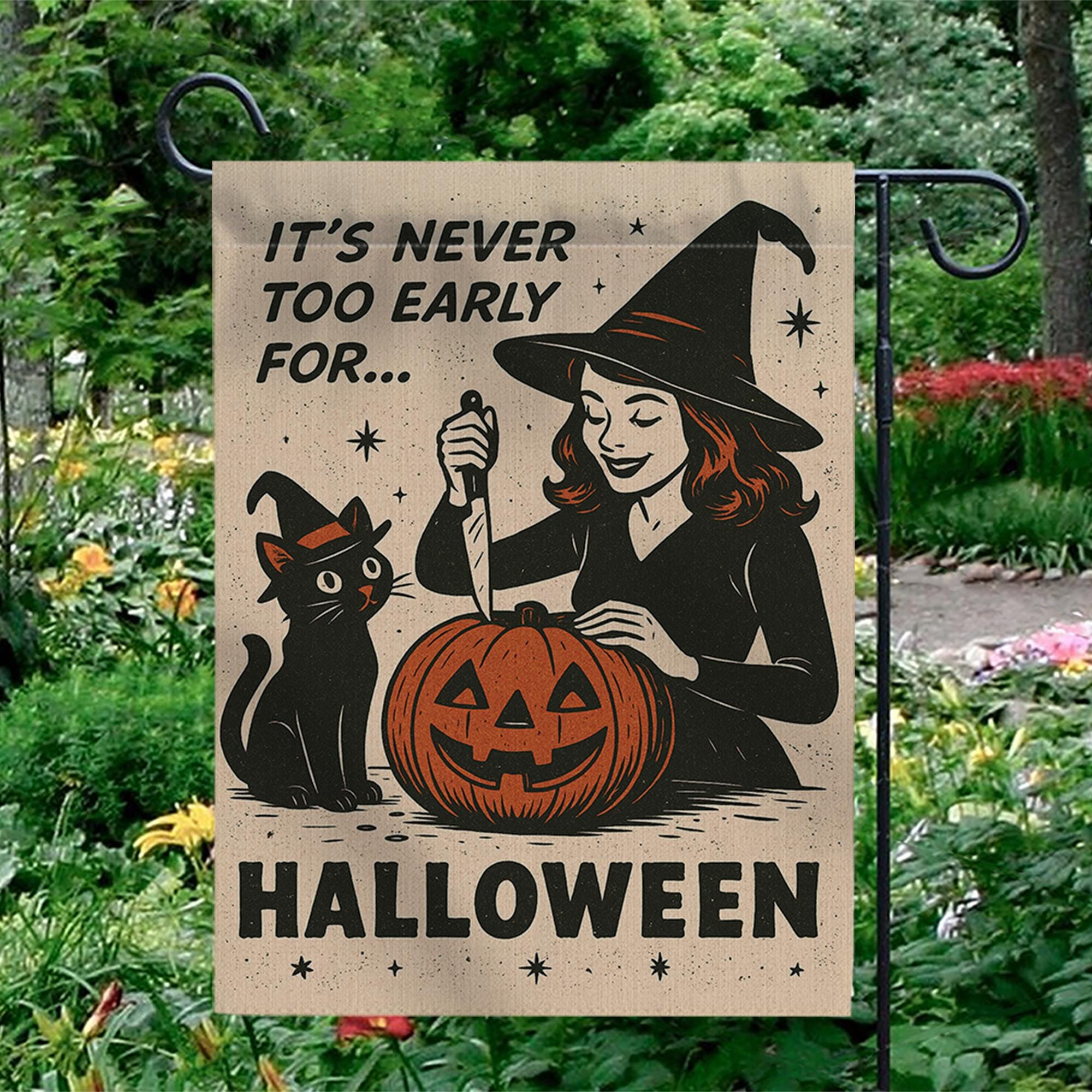 Retro Halloween Garden Flag | Witch & Black Cat Fall Yard Decor | It’s Never Too Early for Halloween | Vintage Pumpkin Outdoor Sign
