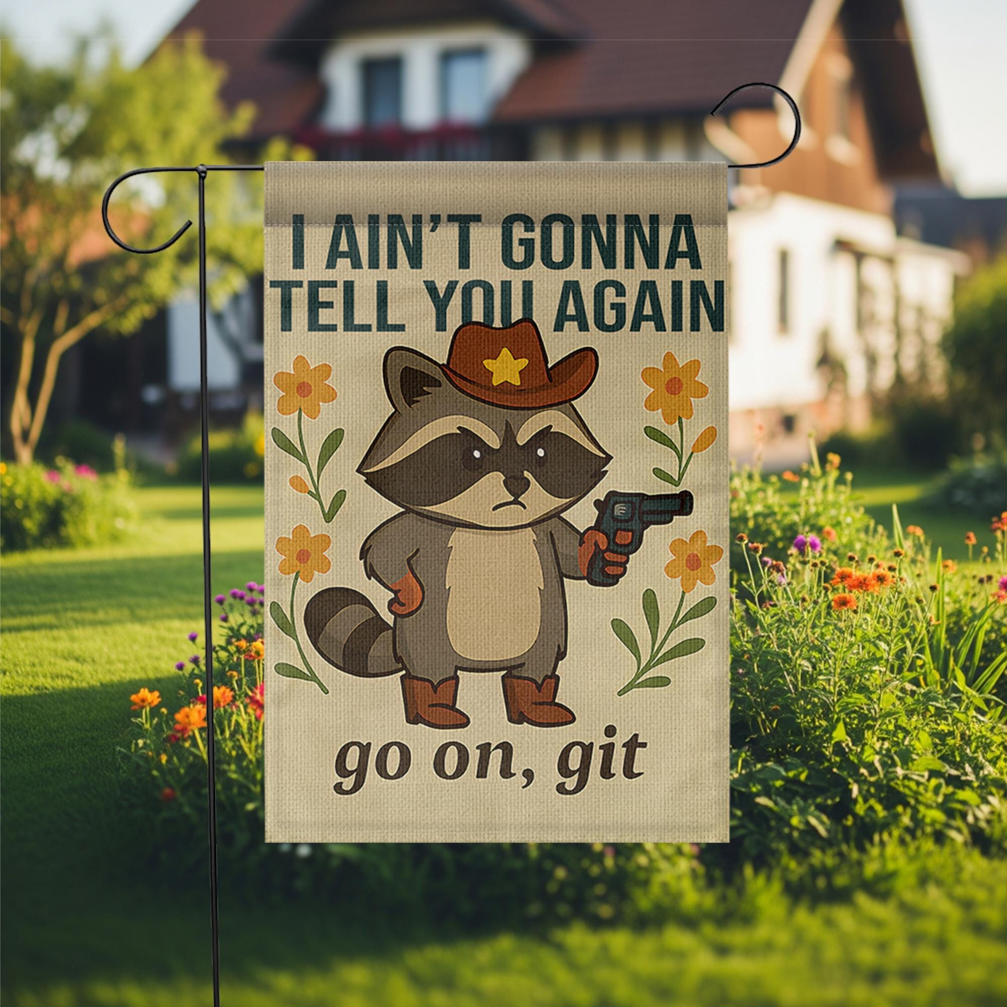 Funny Cowboy Raccoon Garden Flag | Go On Git Yard Decor | Rustic Outdoor Humor Sign | Country Porch Banner | Wild West Lawn Flag