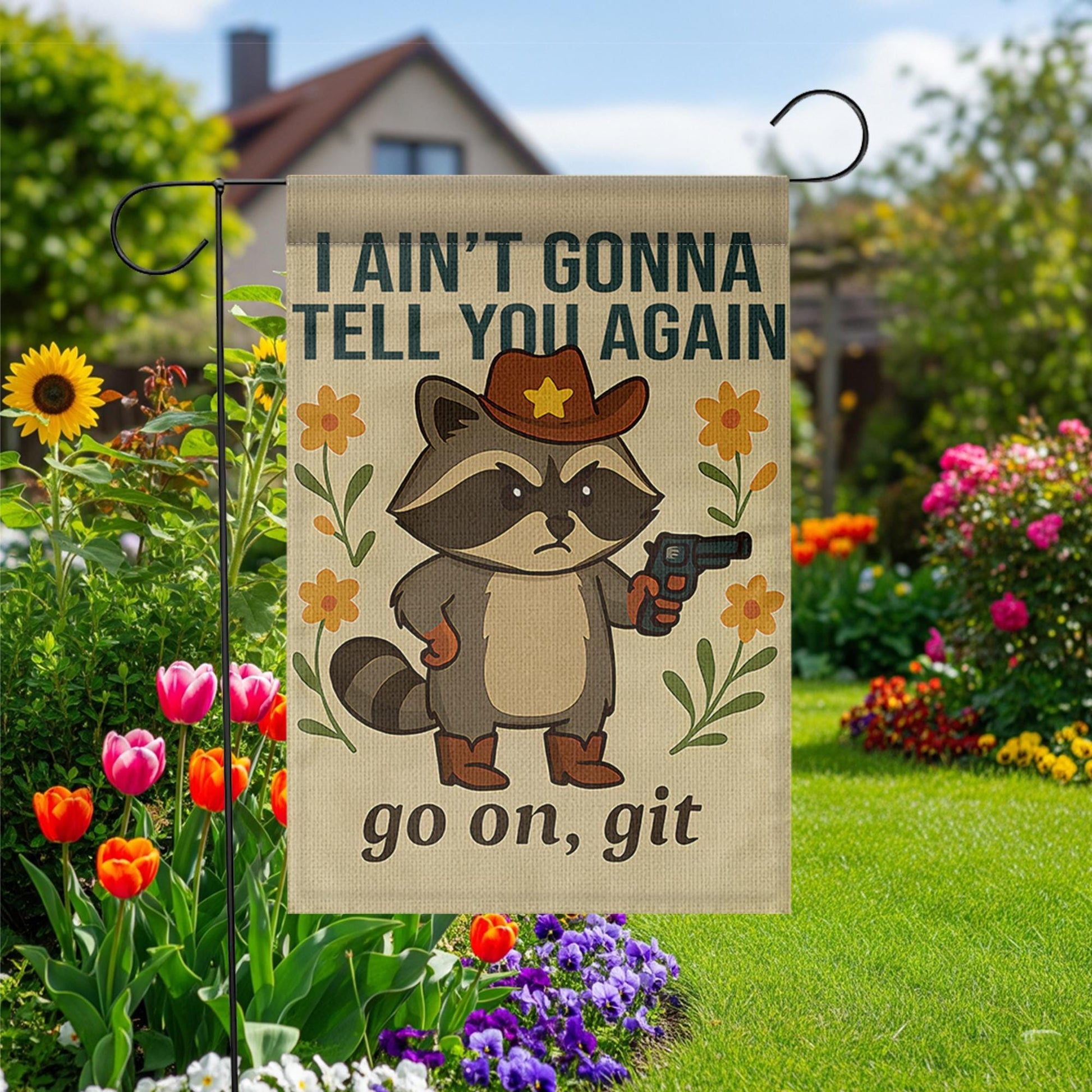 Funny Cowboy Raccoon Garden Flag | Go On Git Yard Decor | Rustic Outdoor Humor Sign | Country Porch Banner | Wild West Lawn Flag
