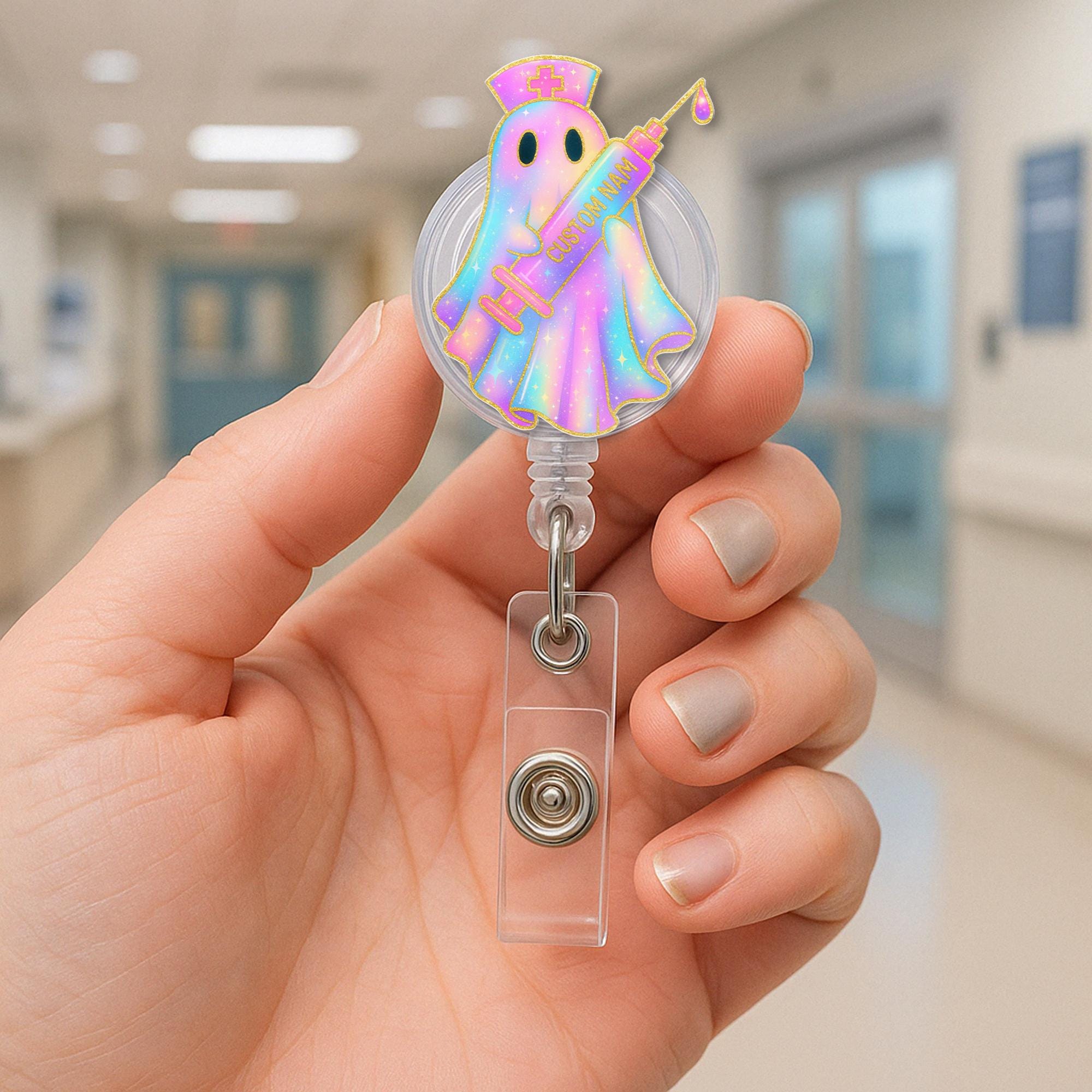 Custom Ghost Nurse Badge Reel | Neon Spooky Holographic Name Tag | Halloween Nurse ID Holder | Cute Medical Badge Clip for RN, cna, lpn