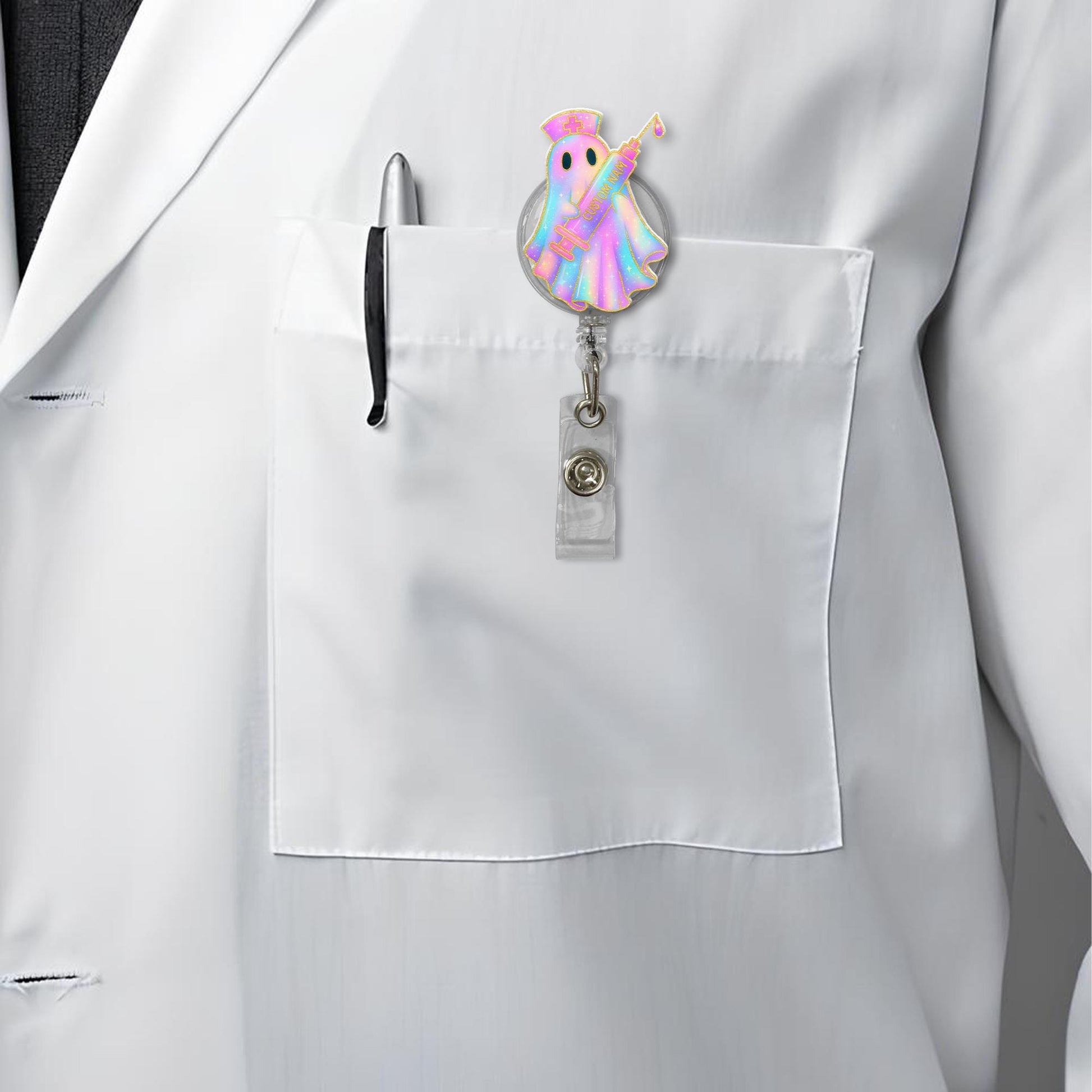 Custom Ghost Nurse Badge Reel | Neon Spooky Holographic Name Tag | Halloween Nurse ID Holder | Cute Medical Badge Clip for RN, cna, lpn