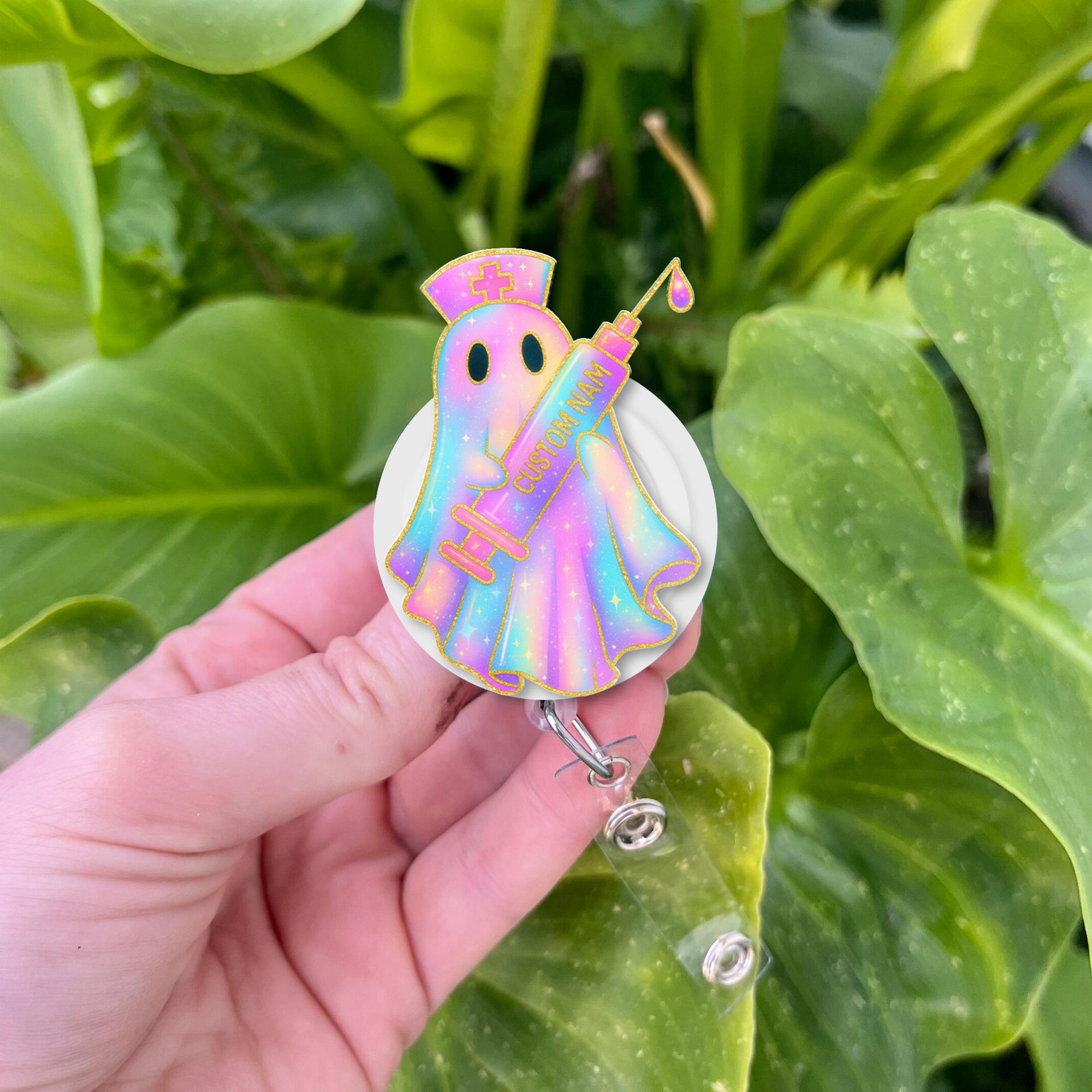 Custom Ghost Nurse Badge Reel | Neon Spooky Holographic Name Tag | Halloween Nurse ID Holder | Cute Medical Badge Clip for RN, cna, lpn