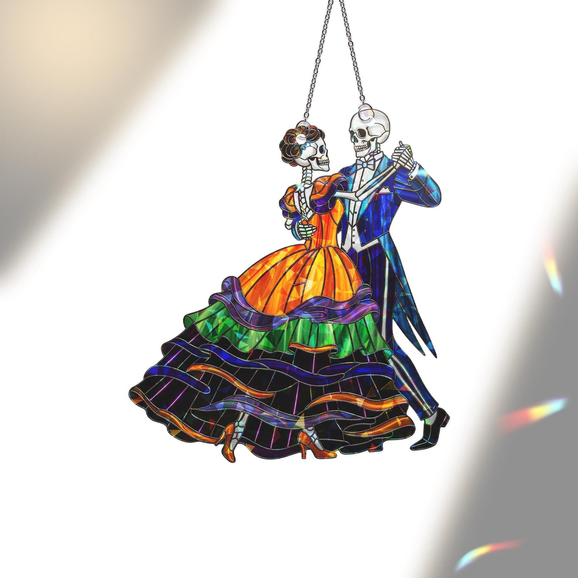 Stained Glass Skeleton Couple Suncatcher – Colorful Gothic Halloween Window Decor – Day of the Dead Dancing Skeleton Lovers Ornament