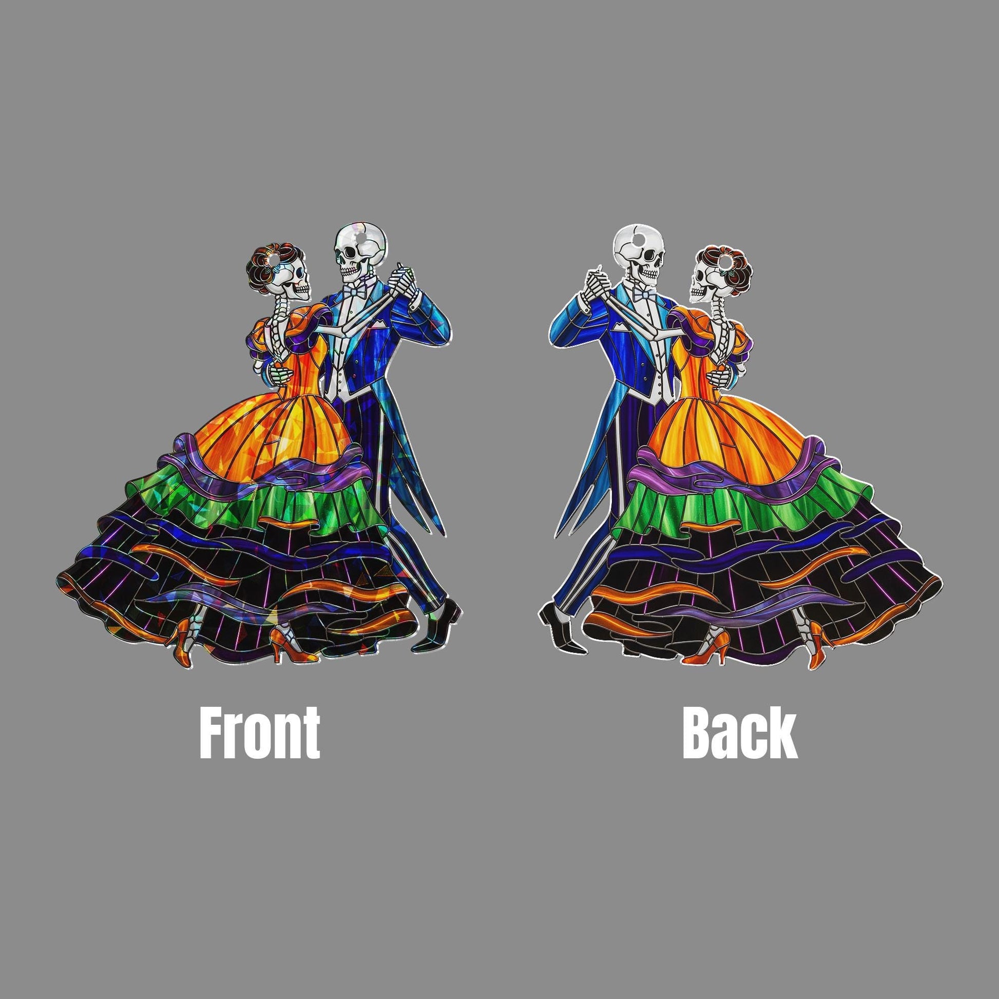 Stained Glass Skeleton Couple Suncatcher – Colorful Gothic Halloween Window Decor – Day of the Dead Dancing Skeleton Lovers Ornament