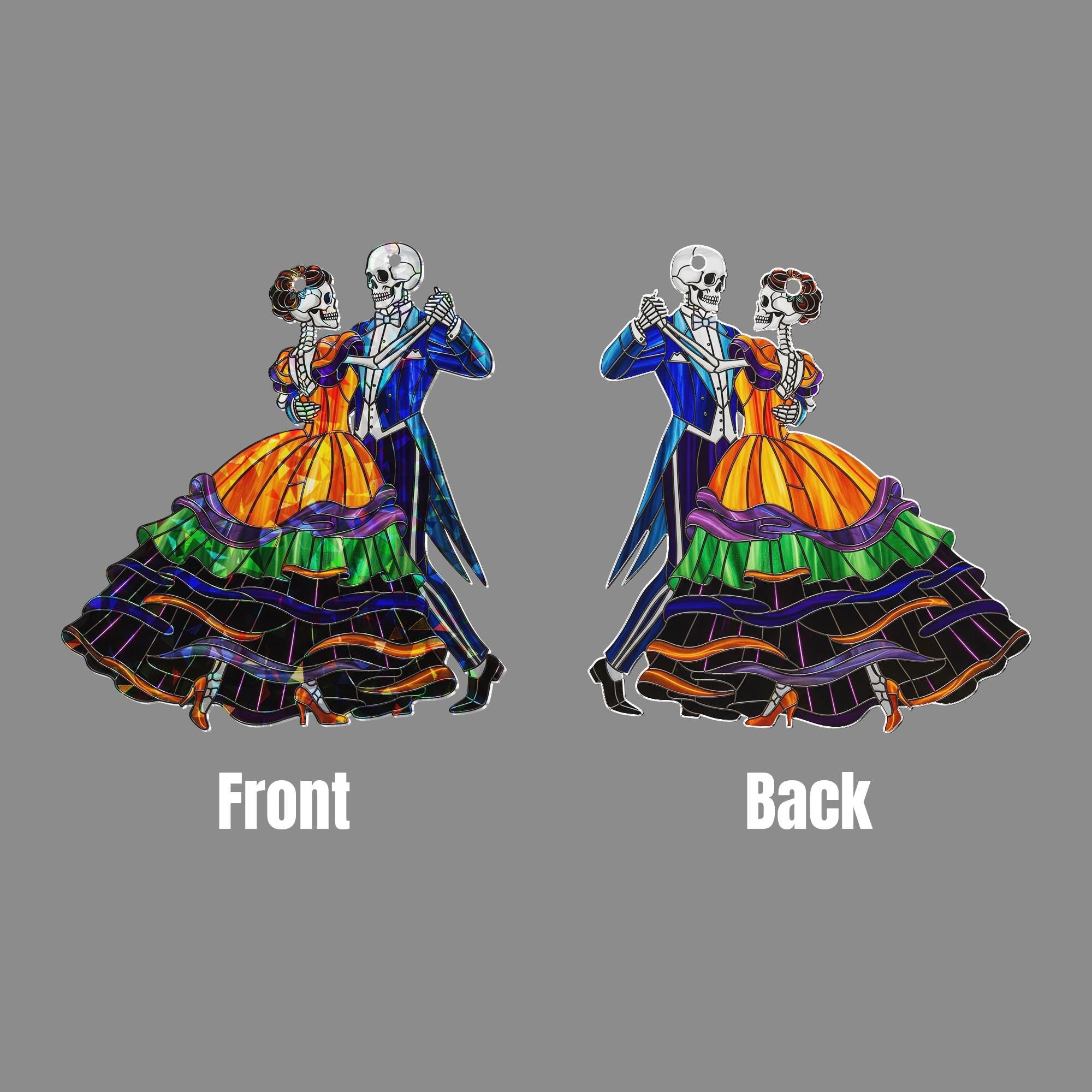 Stained Glass Skeleton Couple Suncatcher – Colorful Gothic Halloween Window Decor – Day of the Dead Dancing Skeleton Lovers Ornament