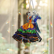 Stained Glass Skeleton Couple Suncatcher – Colorful Gothic Halloween Window Decor – Day of the Dead Dancing Skeleton Lovers Ornament