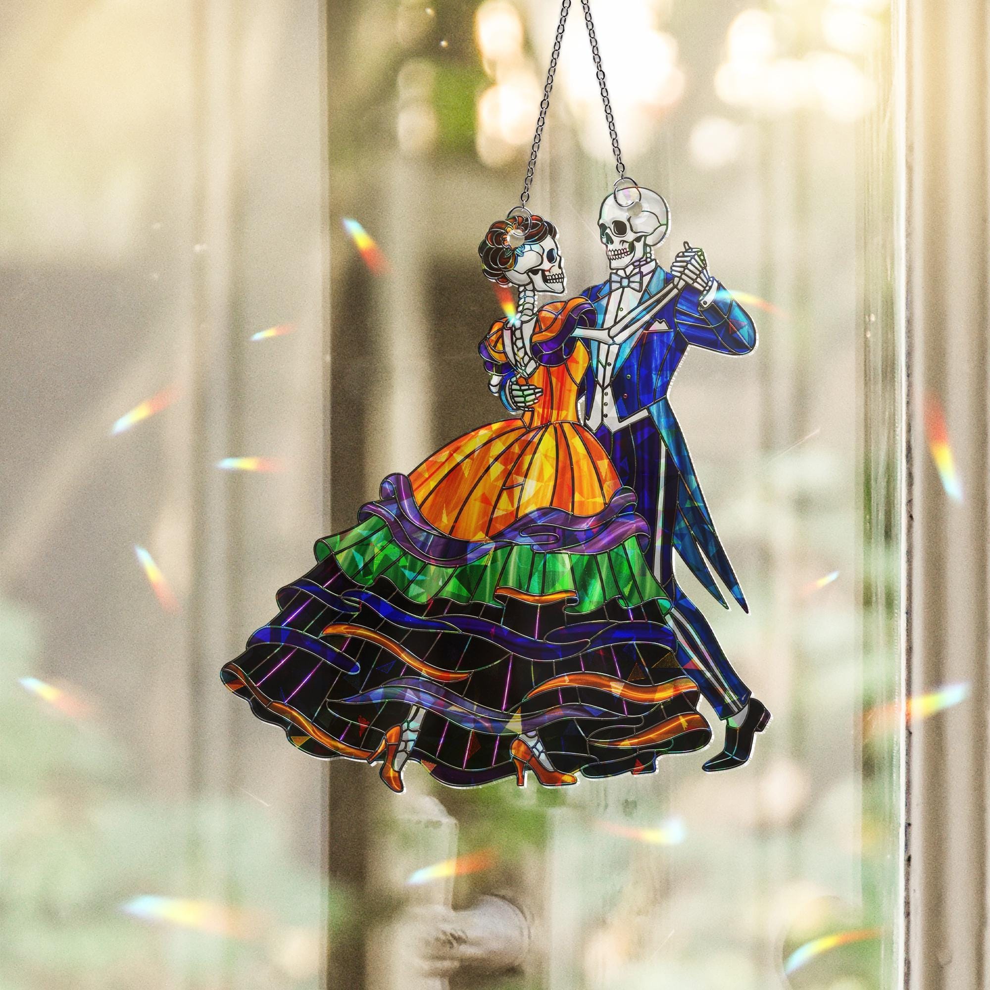 Stained Glass Skeleton Couple Suncatcher – Colorful Gothic Halloween Window Decor – Day of the Dead Dancing Skeleton Lovers Ornament