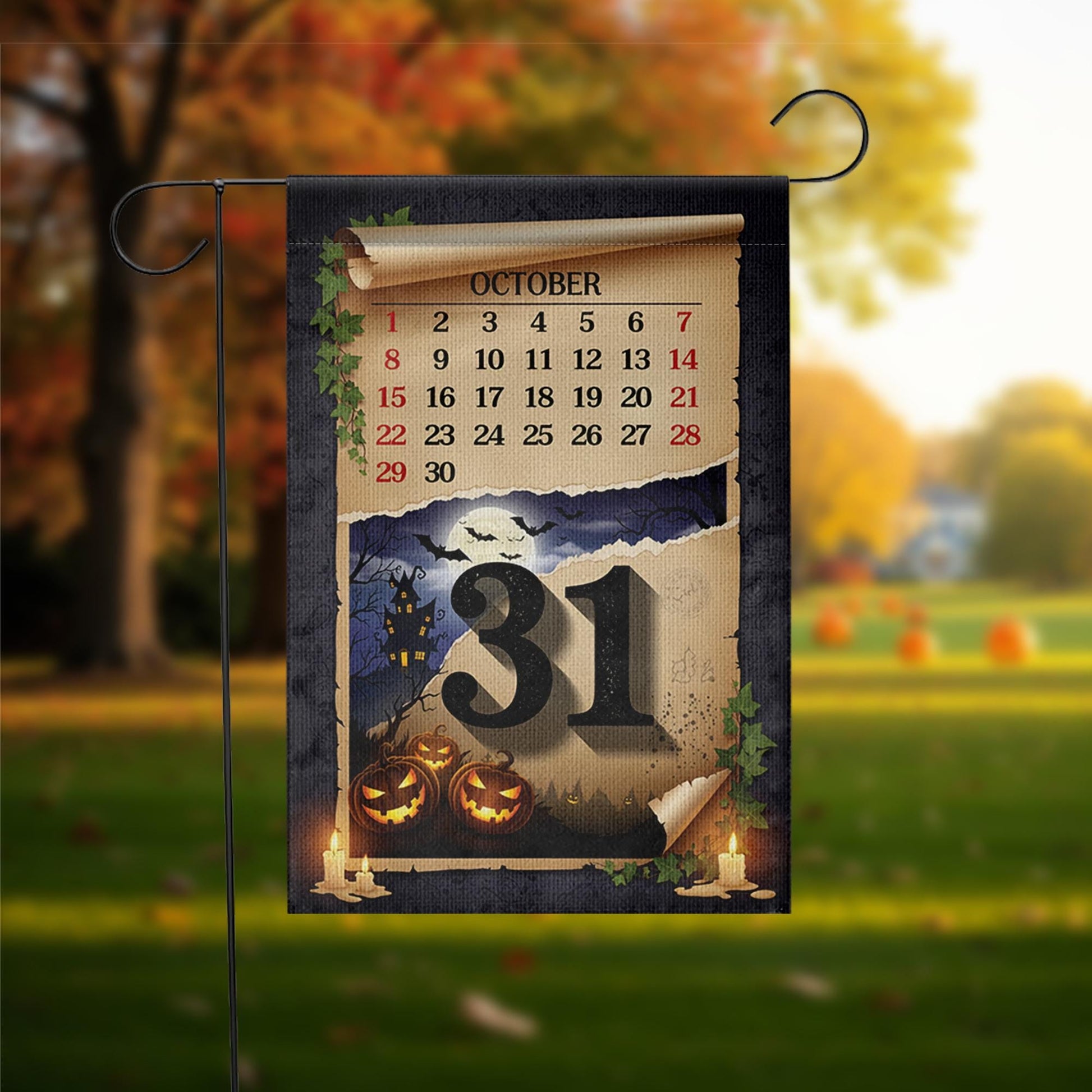Halloween Garden Flag – October 31 Calendar Yard Decor – Spooky Fall Outdoor Decoration with Pumpkins and Haunted Night Scene