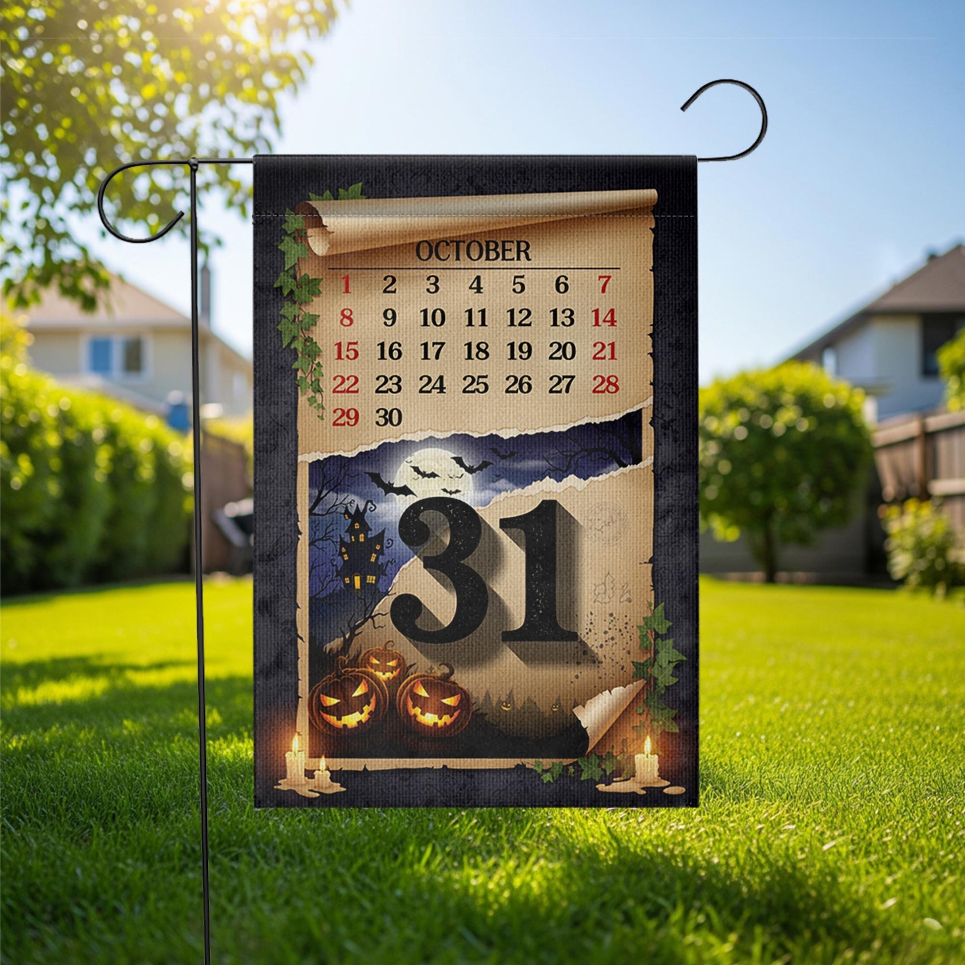 Halloween Garden Flag – October 31 Calendar Yard Decor – Spooky Fall Outdoor Decoration with Pumpkins and Haunted Night Scene