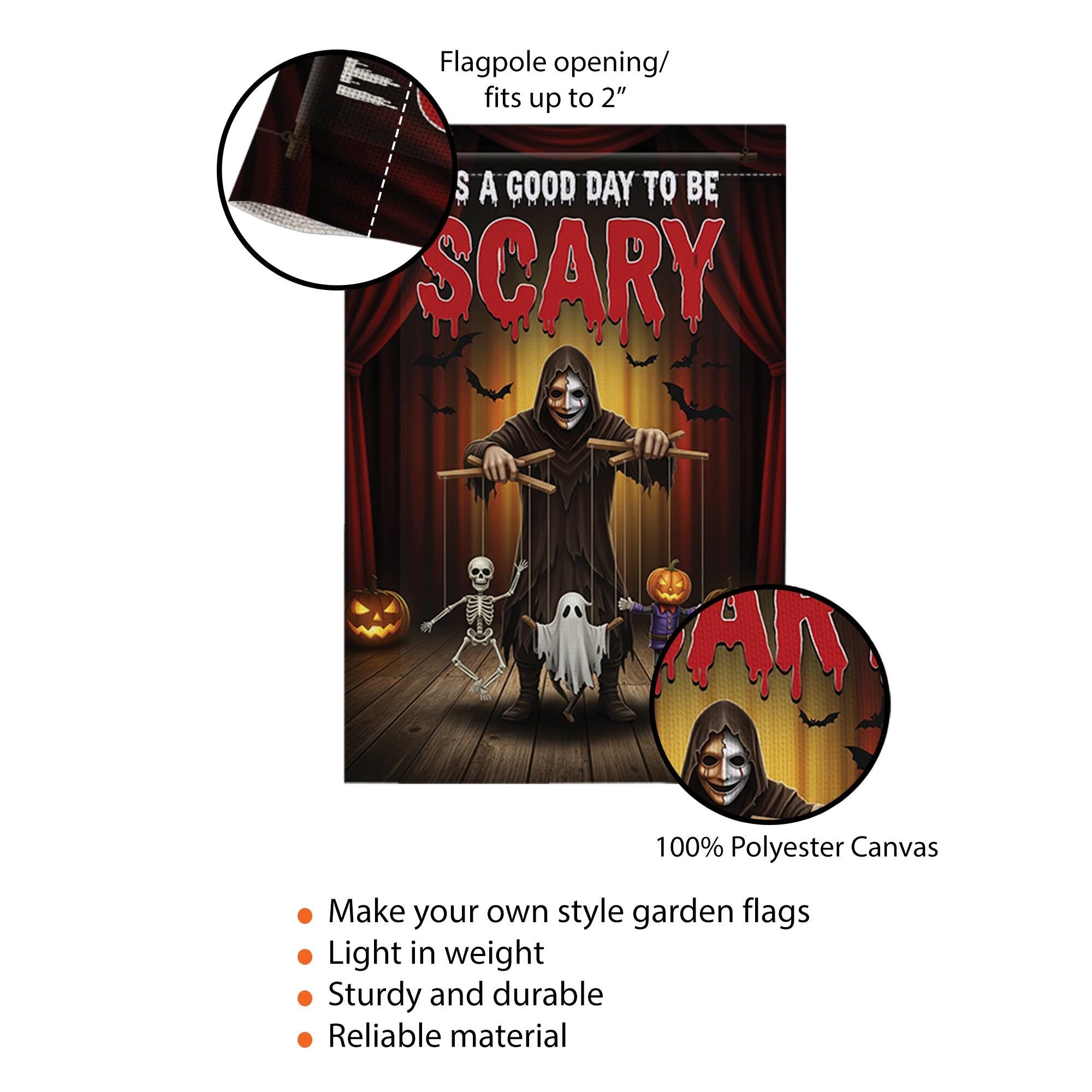 Scary Halloween Garden Flag – Creepy Puppet Master Yard Decor – Spooky Outdoor Decoration with Skeleton Ghost Pumpkin