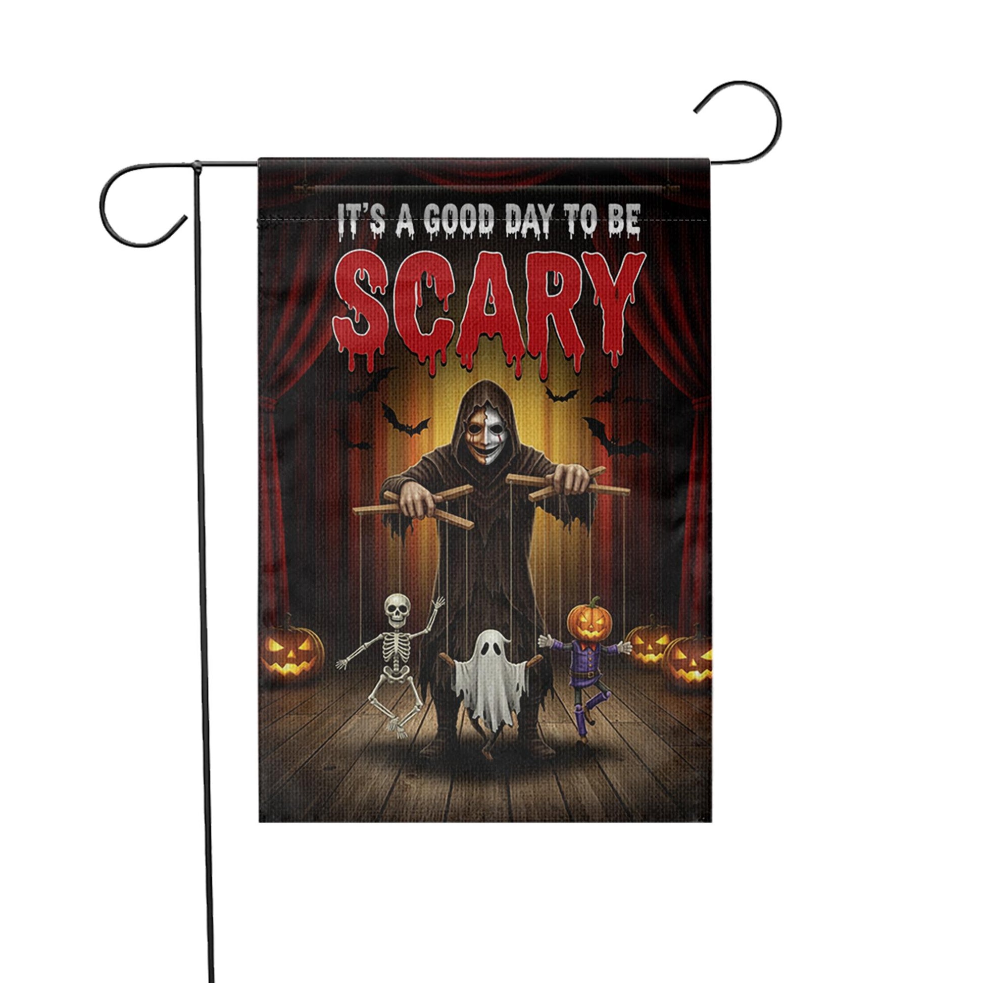 Scary Halloween Garden Flag – Creepy Puppet Master Yard Decor – Spooky Outdoor Decoration with Skeleton Ghost Pumpkin