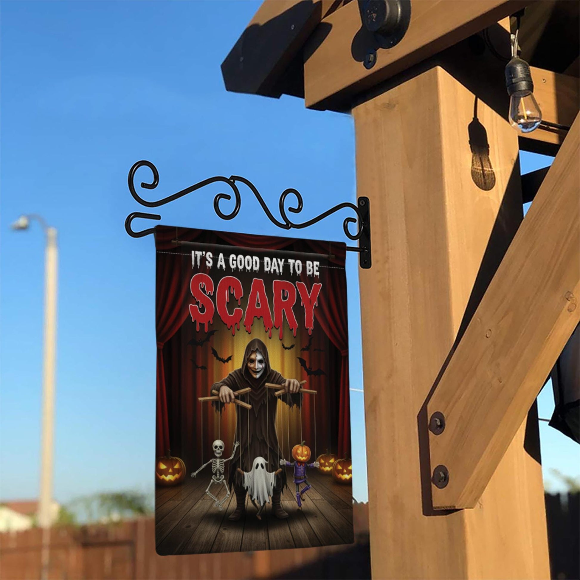 Scary Halloween Garden Flag – Creepy Puppet Master Yard Decor – Spooky Outdoor Decoration with Skeleton Ghost Pumpkin