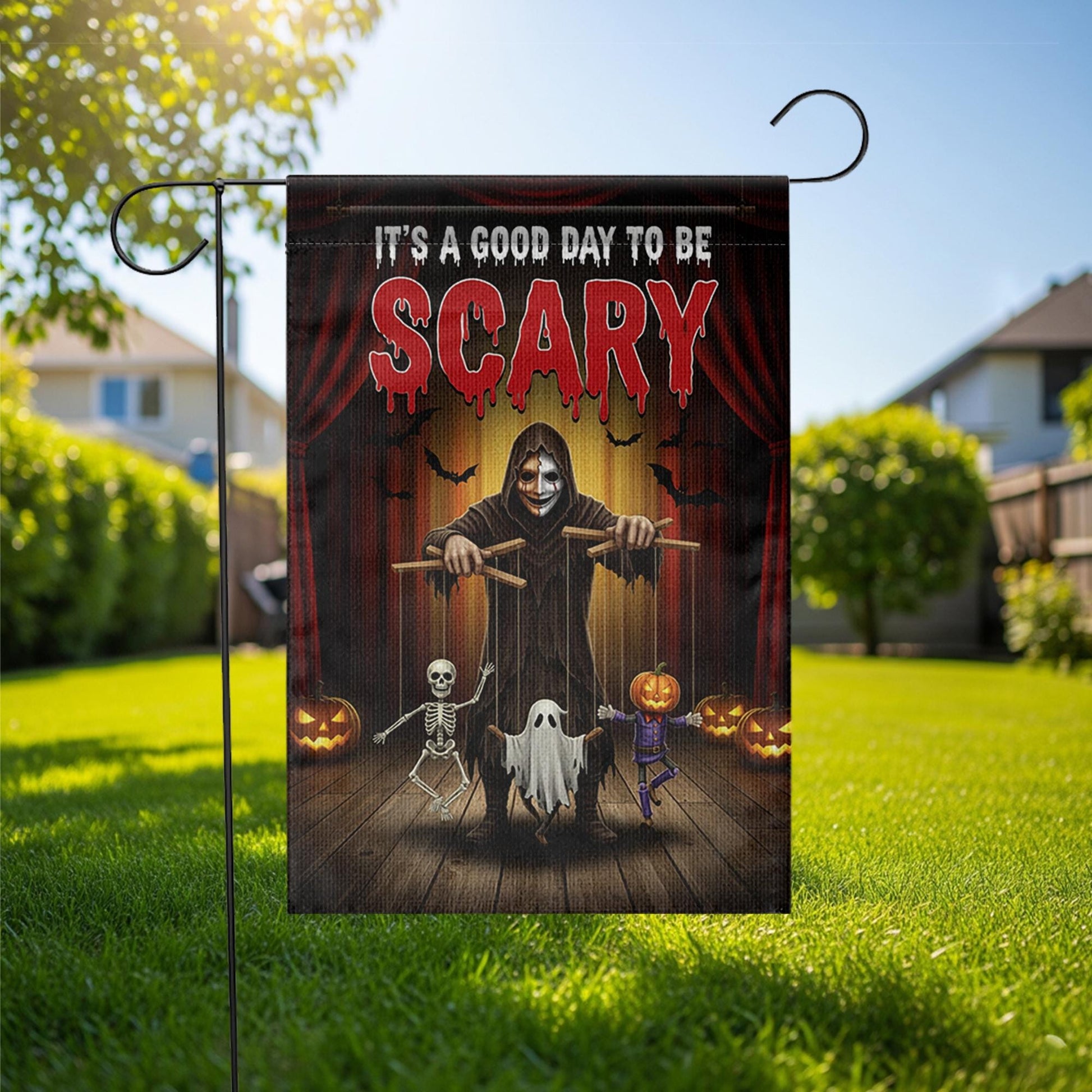 Scary Halloween Garden Flag – Creepy Puppet Master Yard Decor – Spooky Outdoor Decoration with Skeleton Ghost Pumpkin
