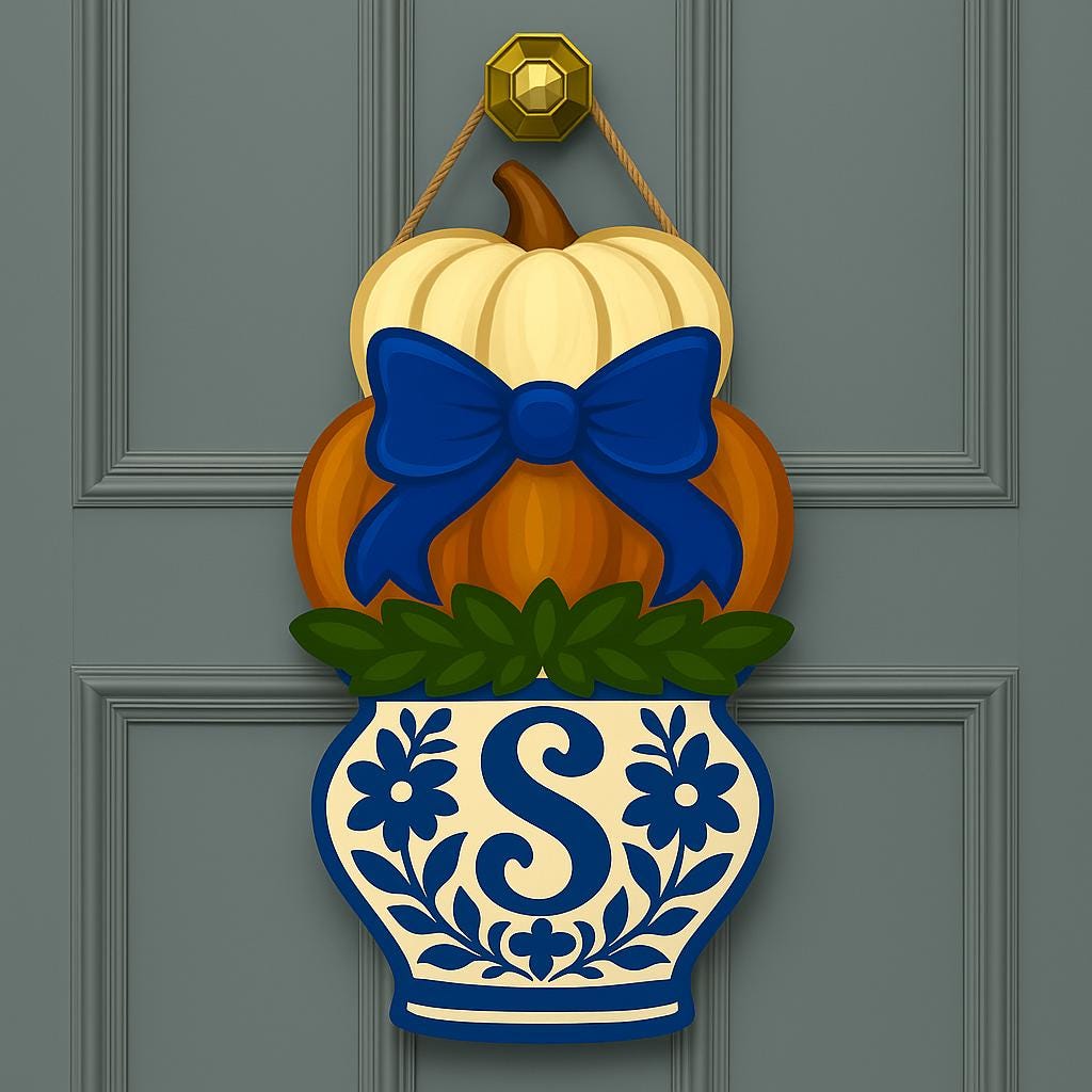 Custom Pumpkin Monogram Door Hanger, Chinoiserie Fall Decor, Blue Bow Porch Sign, Personalized Autumn Door Decoration