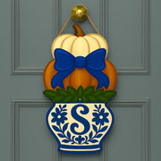 Custom Pumpkin Monogram Door Hanger, Chinoiserie Fall Decor, Blue Bow Porch Sign, Personalized Autumn Door Decoration