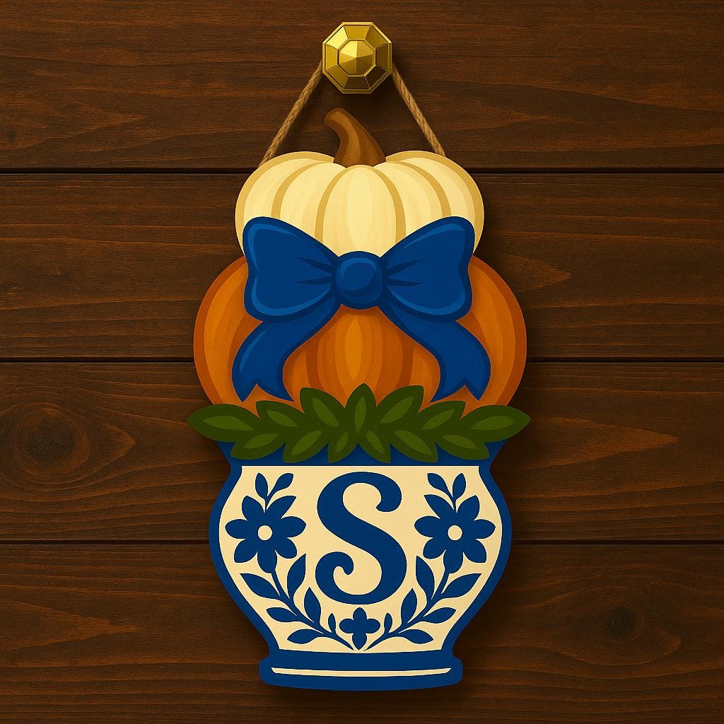 Custom Pumpkin Monogram Door Hanger, Chinoiserie Fall Decor, Blue Bow Porch Sign, Personalized Autumn Door Decoration