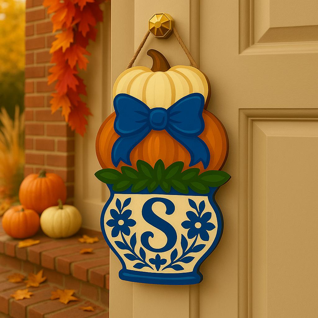 Custom Pumpkin Monogram Door Hanger, Chinoiserie Fall Decor, Blue Bow Porch Sign, Personalized Autumn Door Decoration