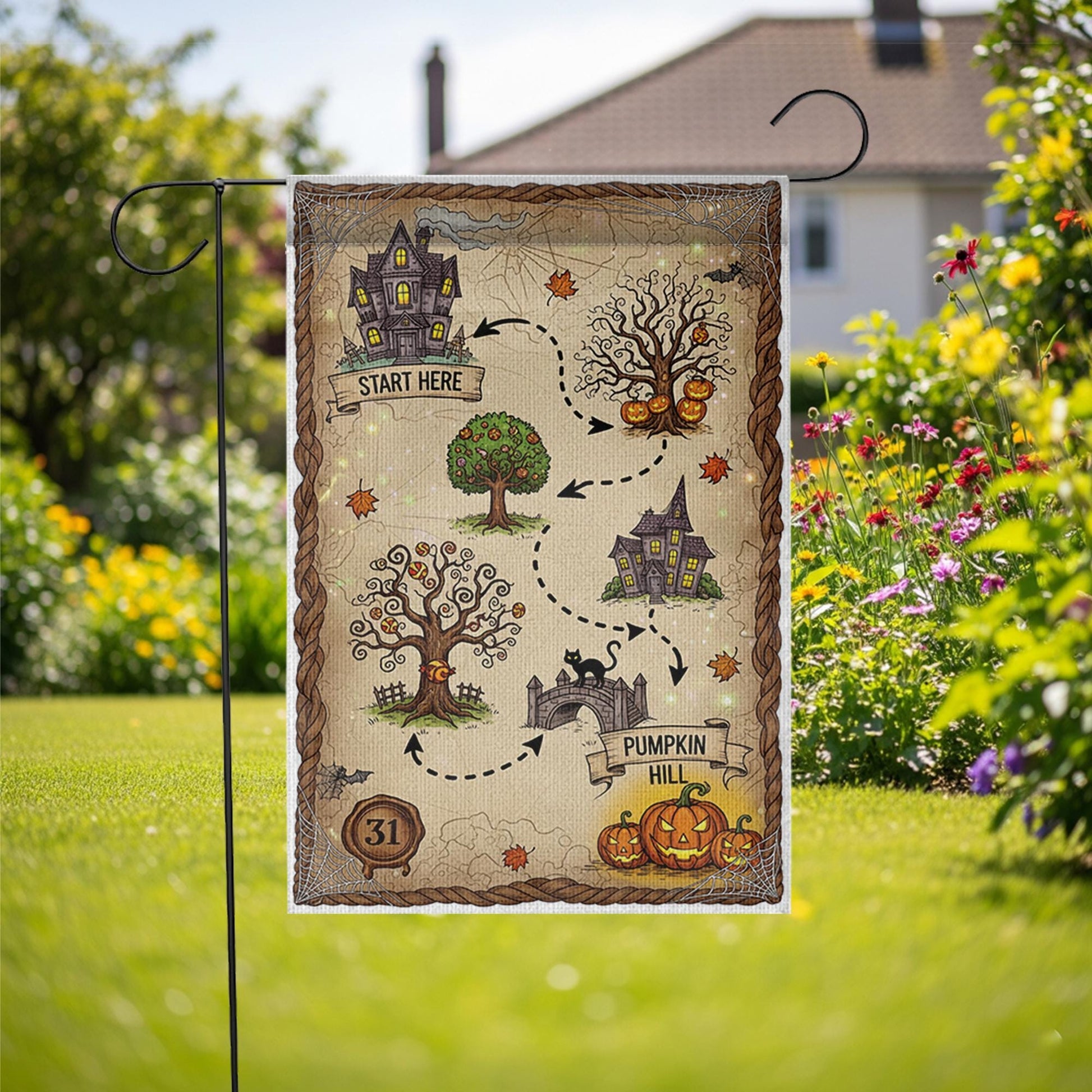Halloween Treasure Map Garden Flag – Pumpkin Hill Yard Decor – Cute Spooky Outdoor Halloween Decoration for Kids and Family