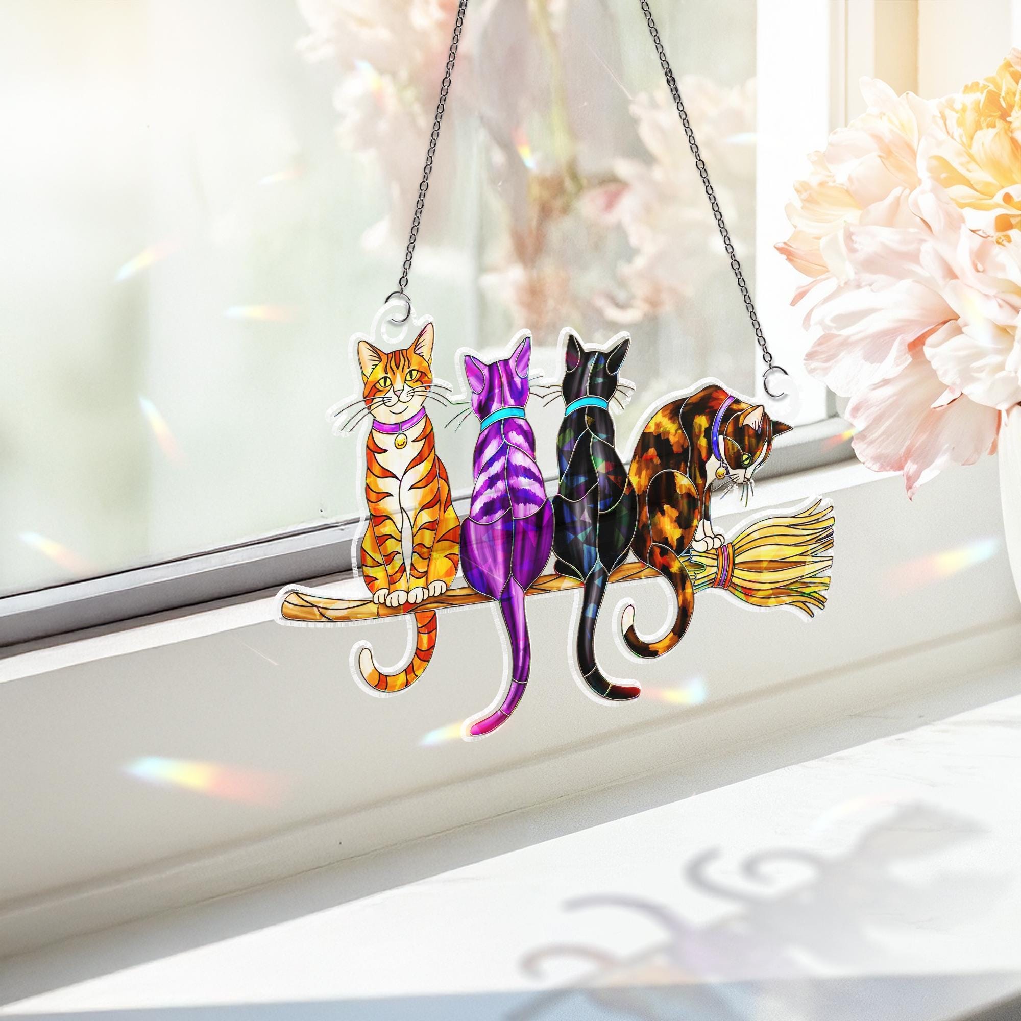 Witchy Cat Broomstick Suncatcher – Halloween Stained Glass Window Decor – Cute Black & Tabby Cat Ornament for Cat Lovers