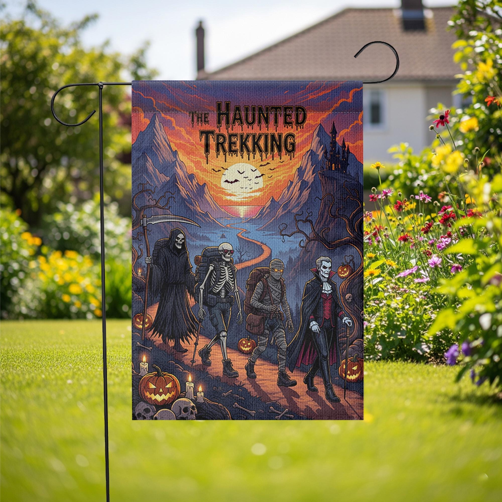 Haunted Trekking Halloween Garden Flag – Spooky Monster Hiking Yard Decor – Dracula Skeleton Mummy Reaper Outdoor Flag
