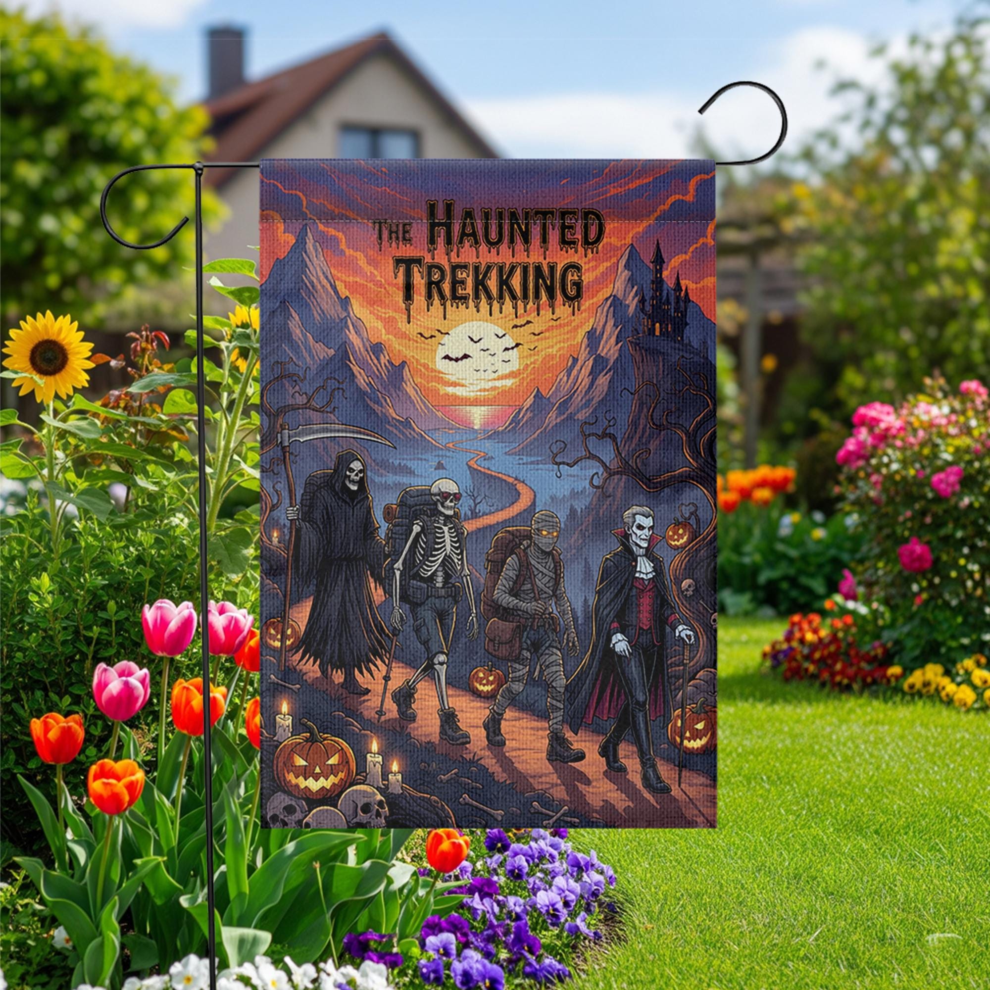 Haunted Trekking Halloween Garden Flag – Spooky Monster Hiking Yard Decor – Dracula Skeleton Mummy Reaper Outdoor Flag