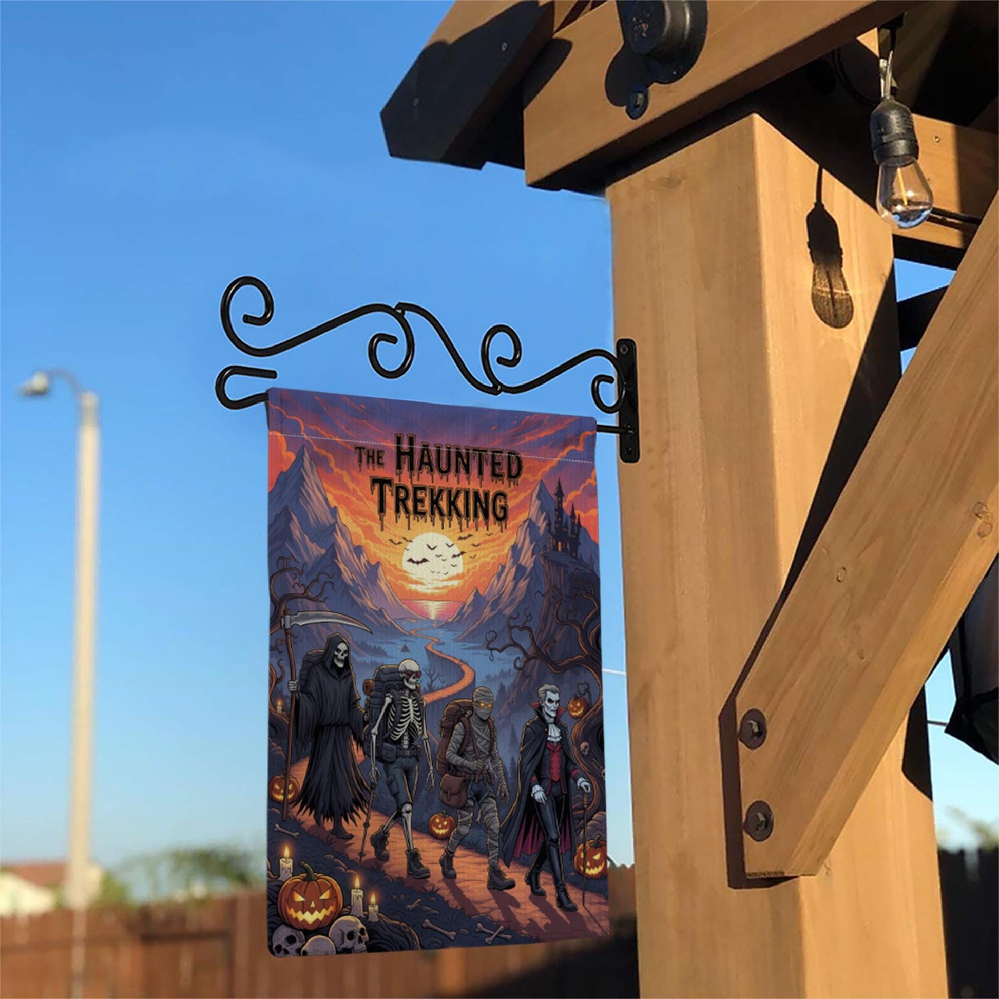 Haunted Trekking Halloween Garden Flag – Spooky Monster Hiking Yard Decor – Dracula Skeleton Mummy Reaper Outdoor Flag
