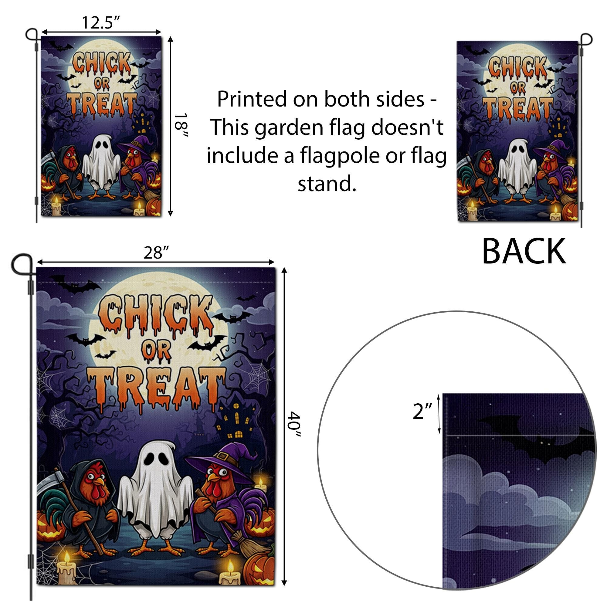 Chick or Treat Halloween Garden Flag – Funny Chicken Yard Decor – Farmhouse Fall Outdoor Decoration with Ghost Rooster Design