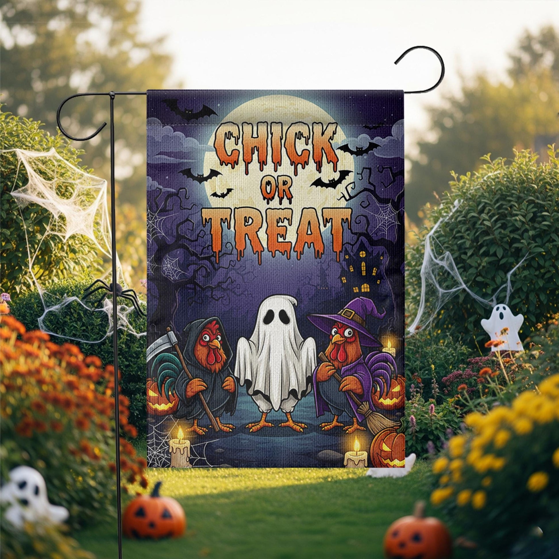 Chick or Treat Halloween Garden Flag – Funny Chicken Yard Decor – Farmhouse Fall Outdoor Decoration with Ghost Rooster Design