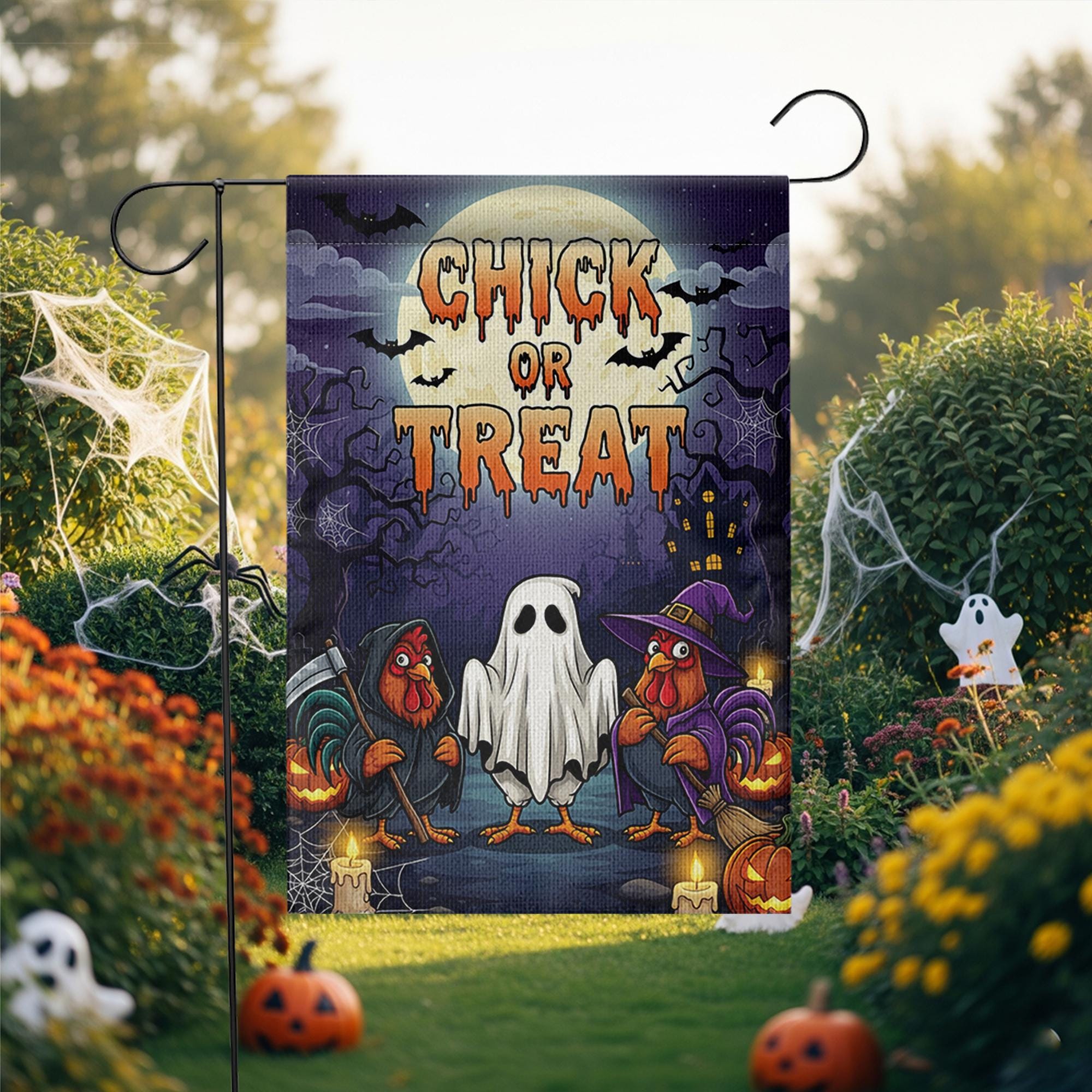 Chick or Treat Halloween Garden Flag – Funny Chicken Yard Decor – Farmhouse Fall Outdoor Decoration with Ghost Rooster Design
