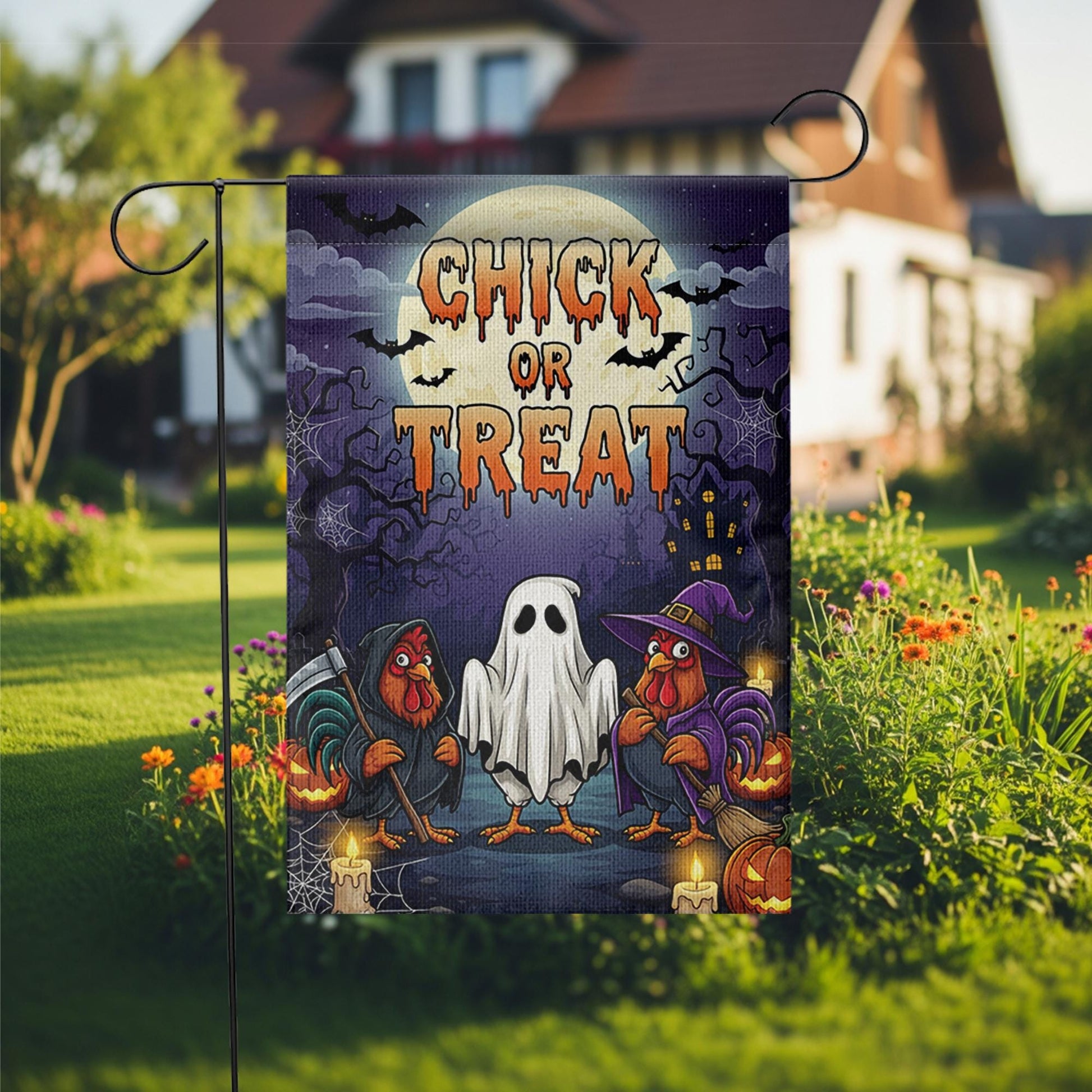 Chick or Treat Halloween Garden Flag – Funny Chicken Yard Decor – Farmhouse Fall Outdoor Decoration with Ghost Rooster Design