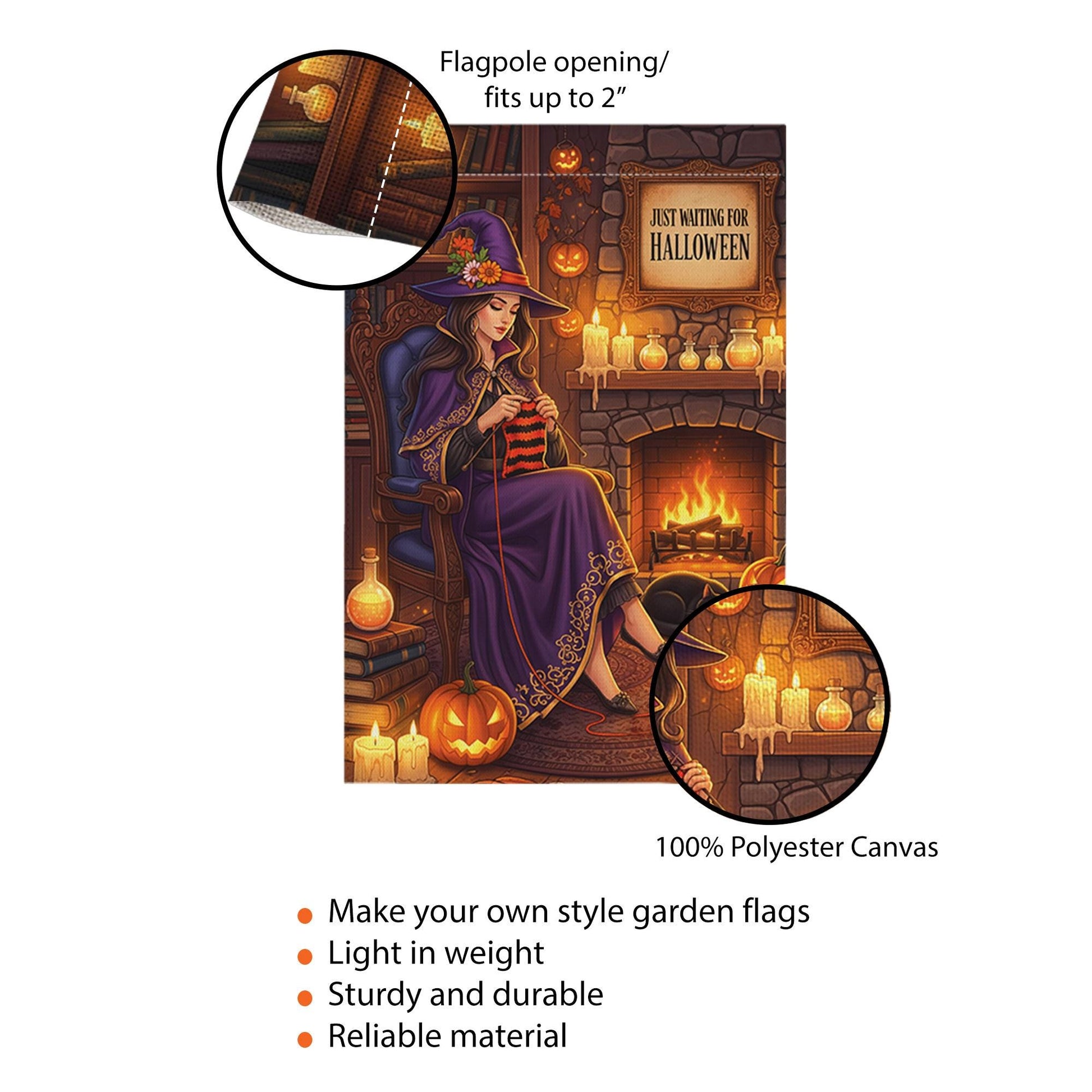 Just Waiting for Halloween Garden Flag – Cozy Witch Knitting Fall Decor – Witchcore Halloween Yard Sign with Pumpkins & Cat