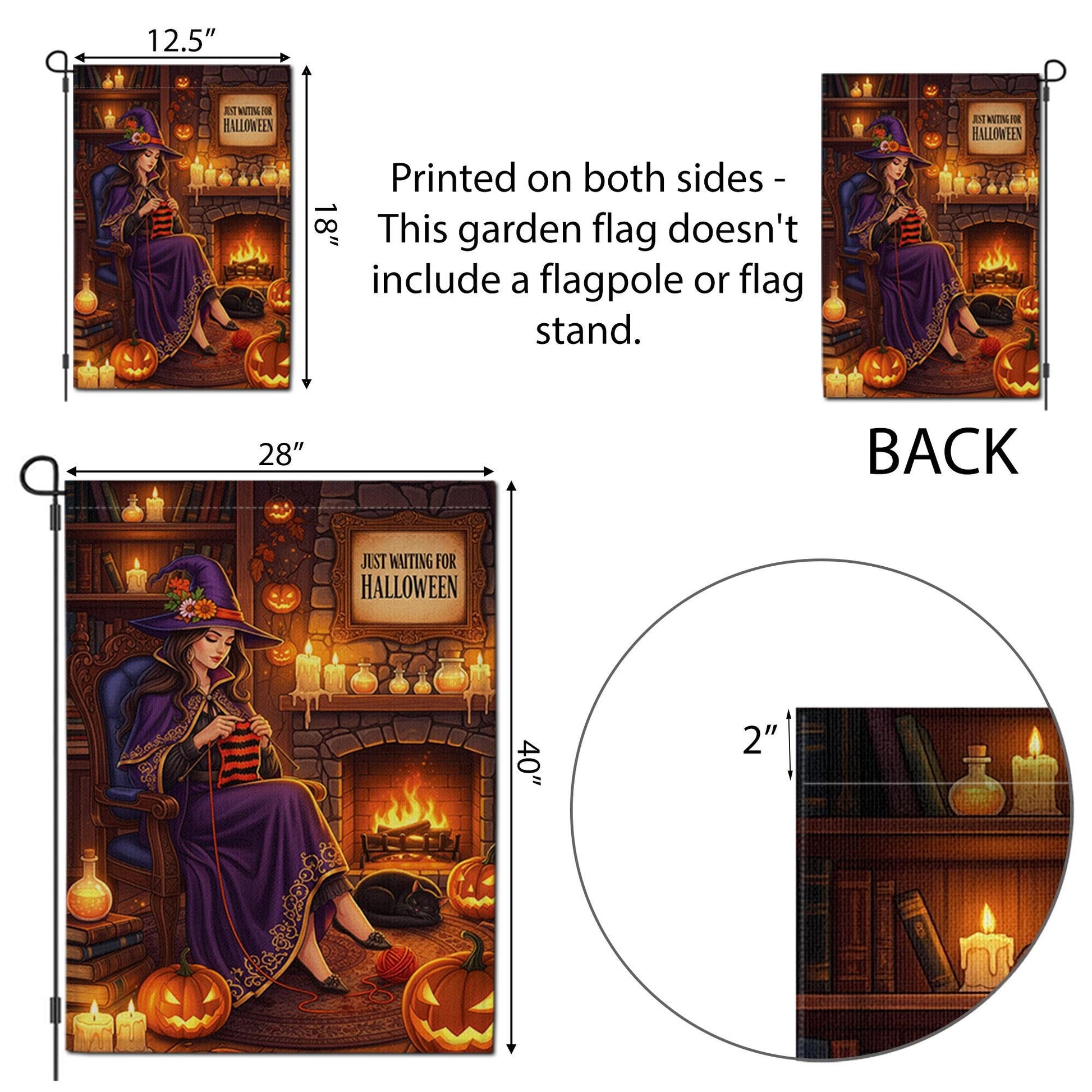 Just Waiting for Halloween Garden Flag – Cozy Witch Knitting Fall Decor – Witchcore Halloween Yard Sign with Pumpkins & Cat
