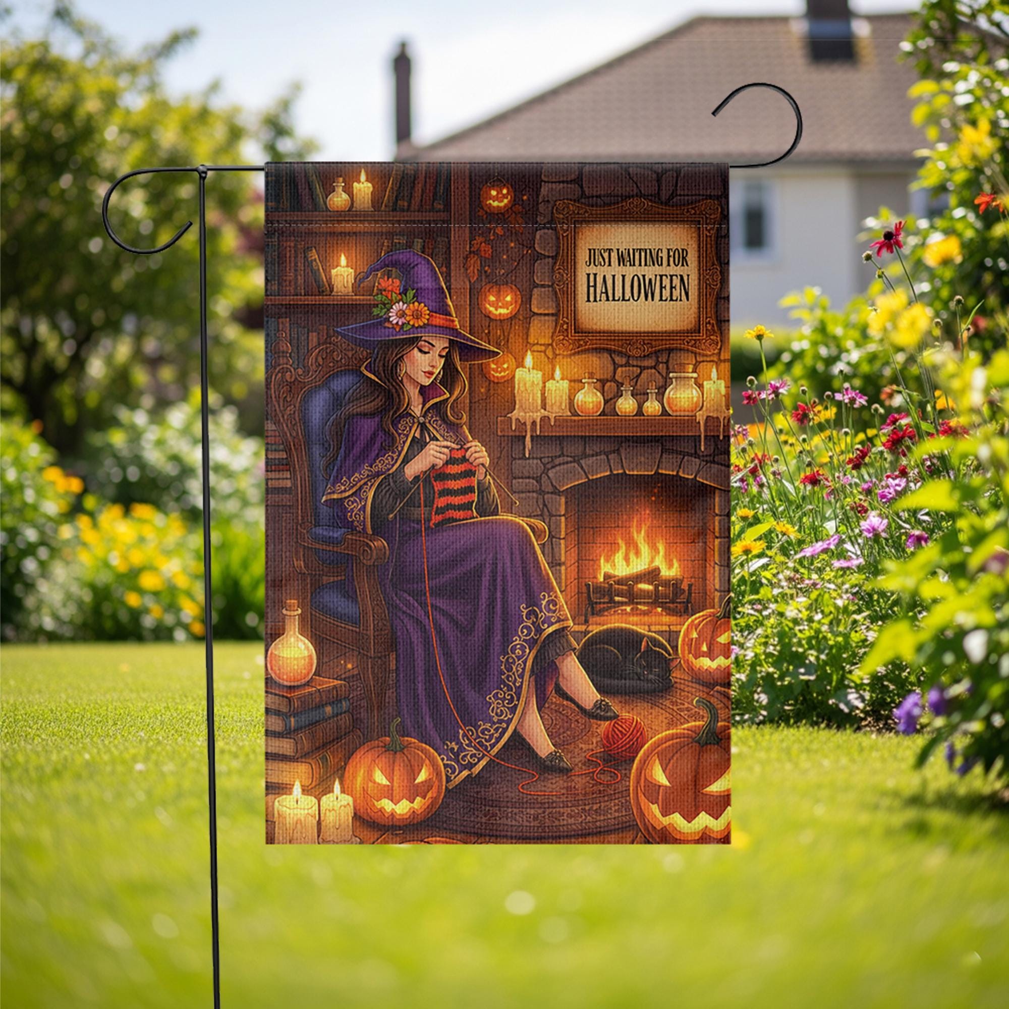 Just Waiting for Halloween Garden Flag – Cozy Witch Knitting Fall Decor – Witchcore Halloween Yard Sign with Pumpkins & Cat