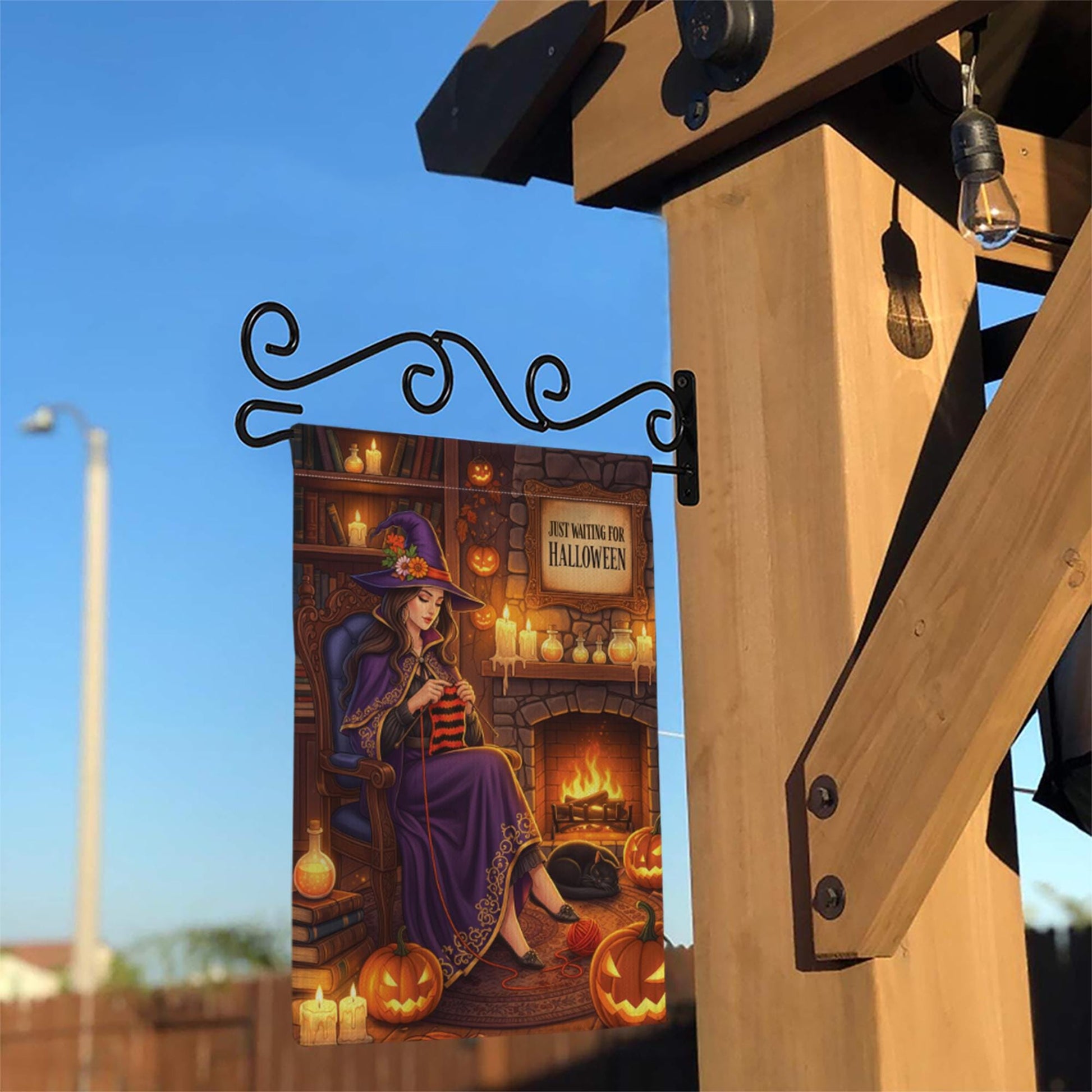 Just Waiting for Halloween Garden Flag – Cozy Witch Knitting Fall Decor – Witchcore Halloween Yard Sign with Pumpkins & Cat