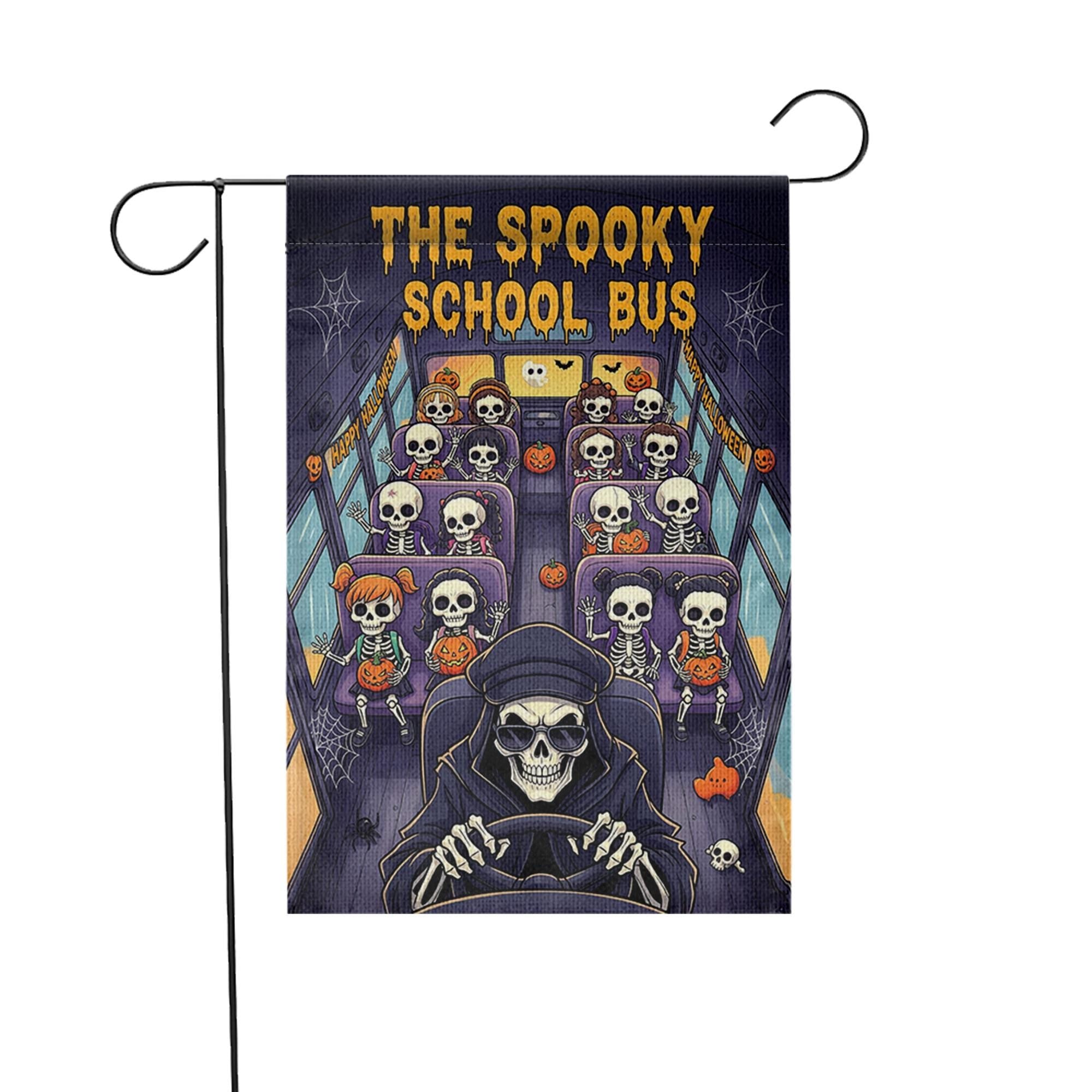 The Spooky School Bus Halloween Garden Flag – Skeleton Kids Yard Decor – Funny Haunted Bus Fall Outdoor Decoration