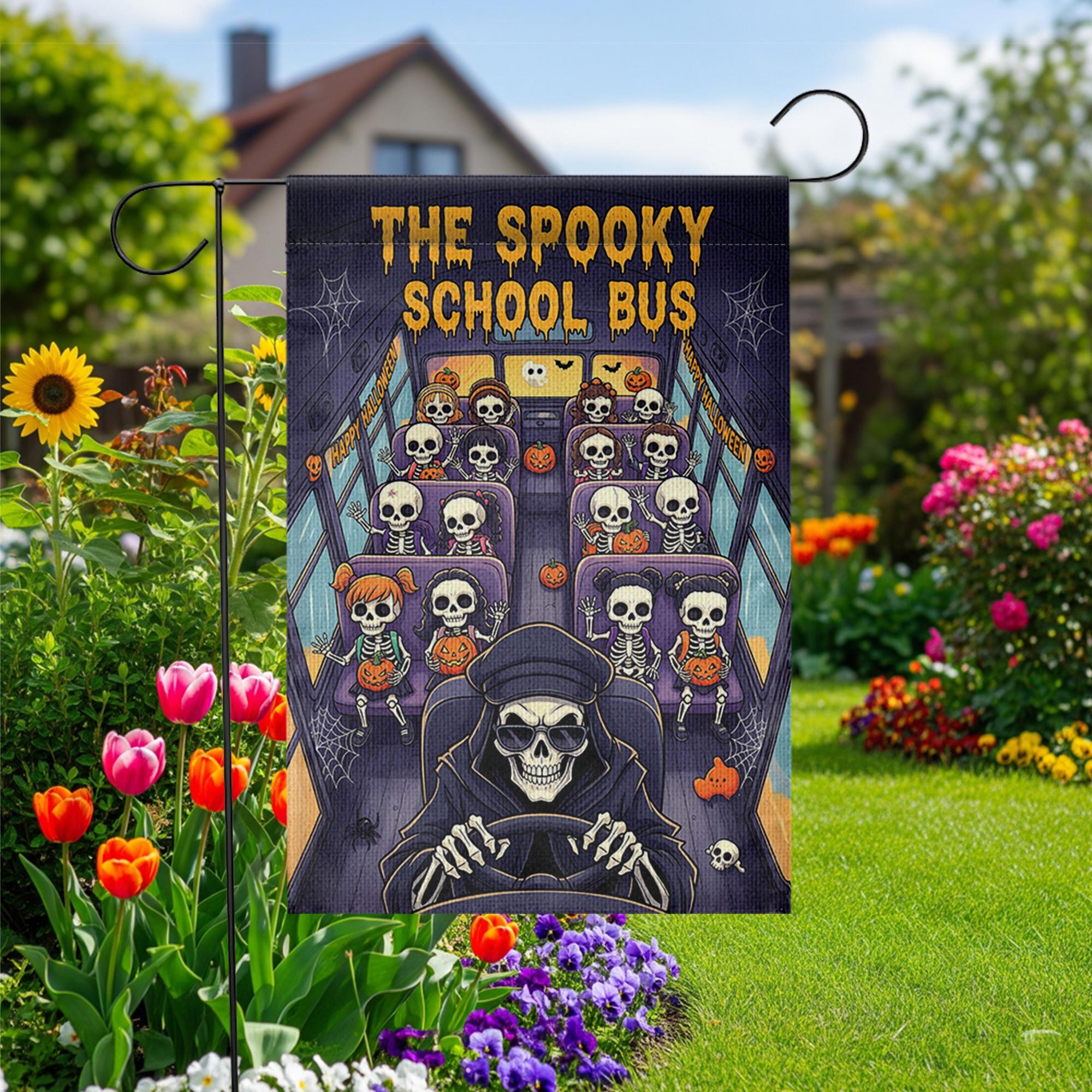 The Spooky School Bus Halloween Garden Flag – Skeleton Kids Yard Decor – Funny Haunted Bus Fall Outdoor Decoration