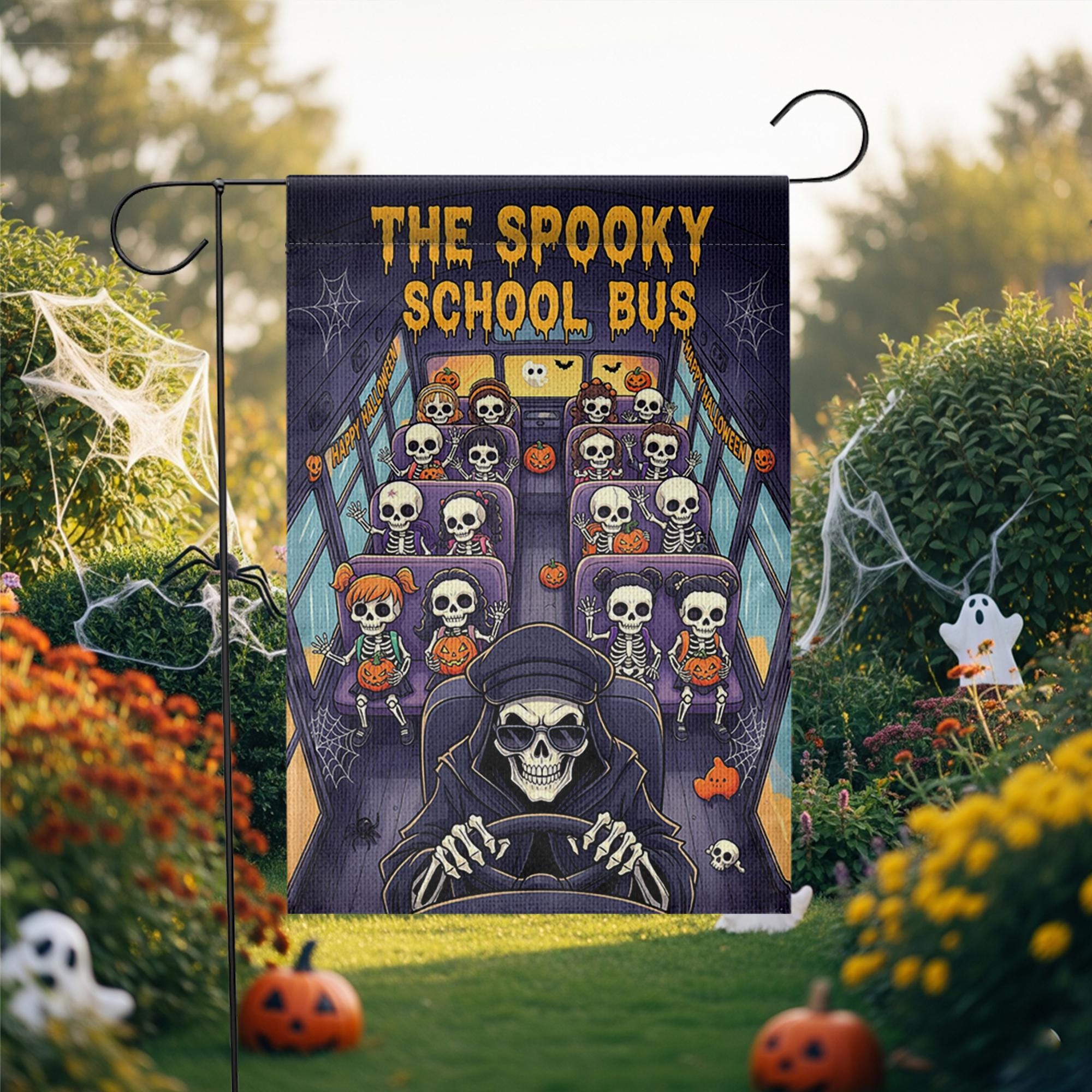 The Spooky School Bus Halloween Garden Flag – Skeleton Kids Yard Decor – Funny Haunted Bus Fall Outdoor Decoration