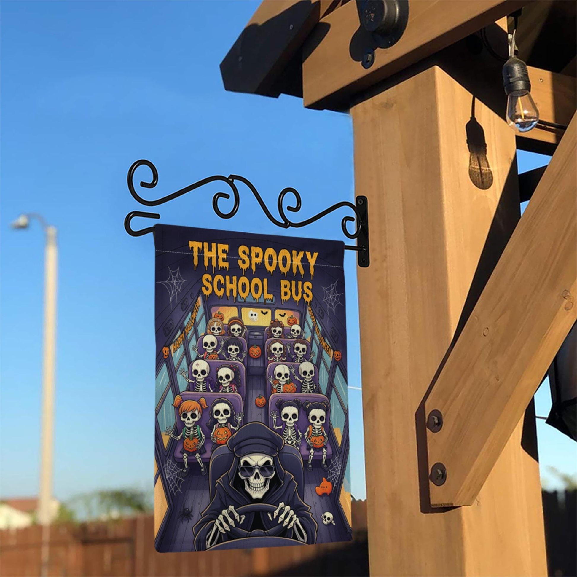 The Spooky School Bus Halloween Garden Flag – Skeleton Kids Yard Decor – Funny Haunted Bus Fall Outdoor Decoration