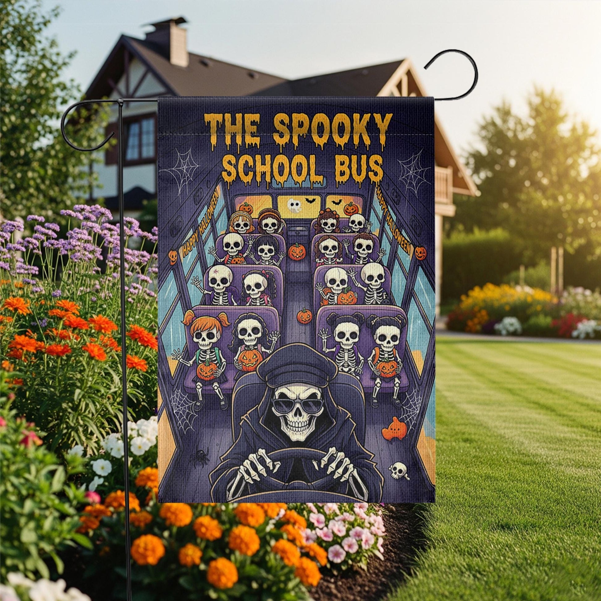 The Spooky School Bus Halloween Garden Flag – Skeleton Kids Yard Decor – Funny Haunted Bus Fall Outdoor Decoration