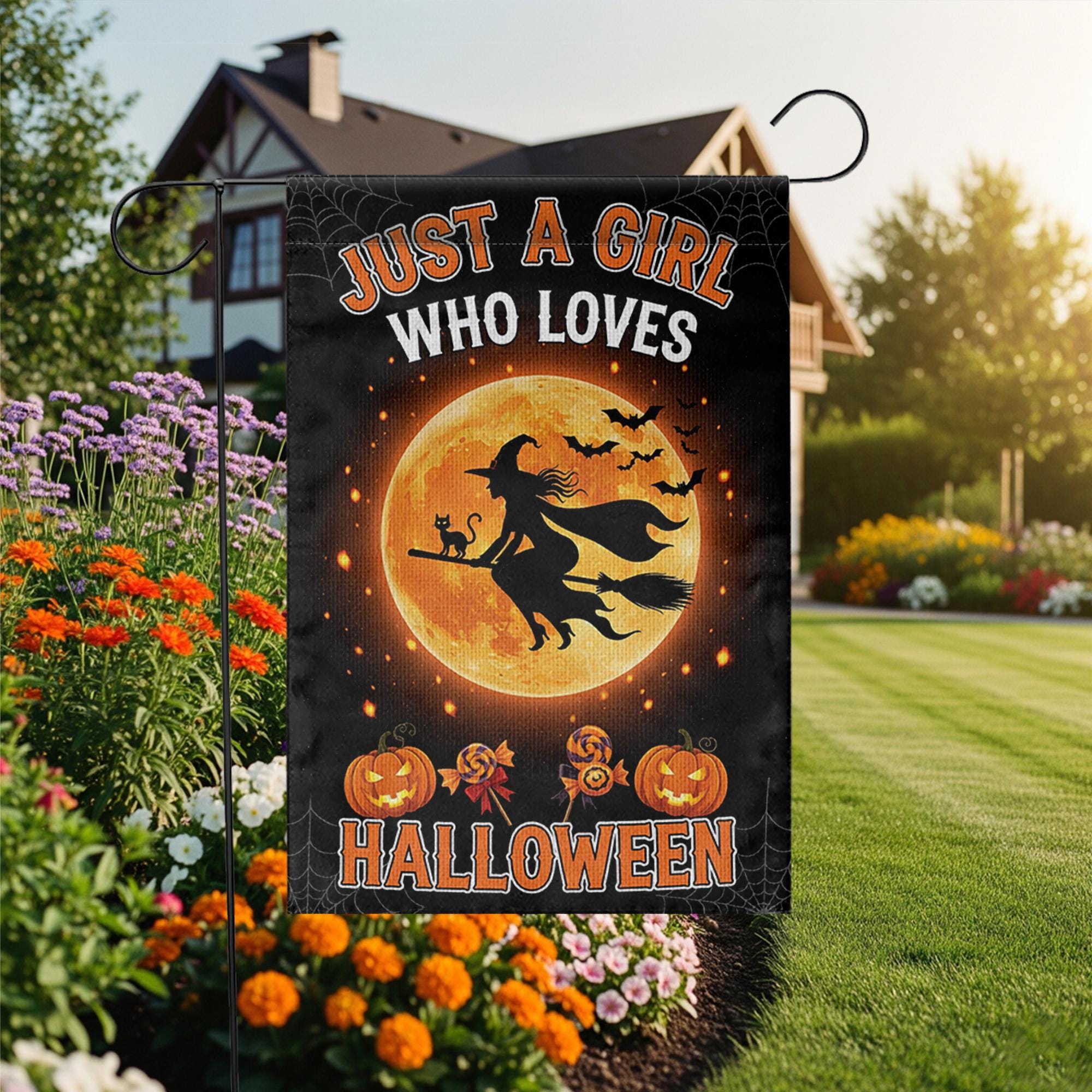 Halloween Garden Flag Witch Flying on Broom – Just a Girl Who Loves Halloween Yard Decor, Fall Outdoor Decoration, Spooky Season Sign