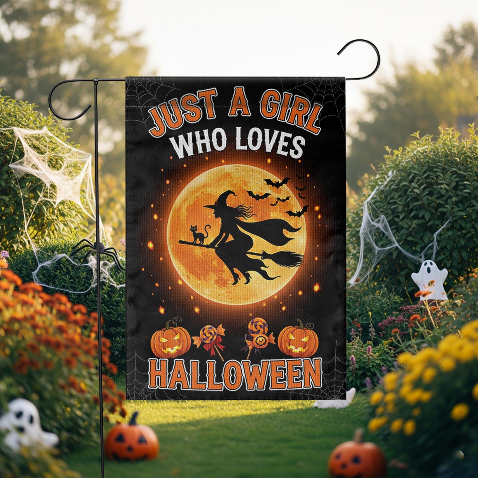 Halloween Garden Flag Witch Flying on Broom – Just a Girl Who Loves Halloween Yard Decor, Fall Outdoor Decoration, Spooky Season Sign