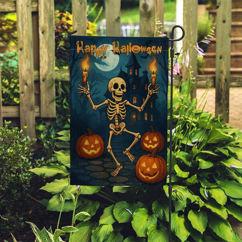 Halloween Skeleton Garden Flag, Spooky Haunted House Yard Decor, Pumpkin Halloween Outdoor Banner, Happy Halloween Sign, Home Decor