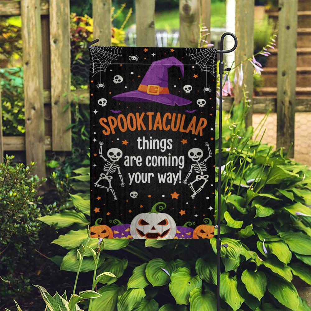 Spooktacular Halloween Garden Flag, Skeleton Pumpkin Yard Decor, Witch Hat Outdoor Banner, Funny Fall Spooky Yard Sign, Home Decor Halloween