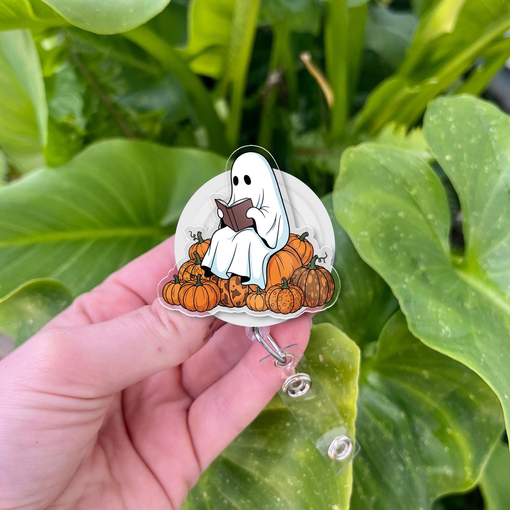 Ghost Reading Badge Reel | Halloween ID Badge Holder | Cute Fall Book Lover Gift | Pumpkin Retractable Name Tag Clip for Nurses & Teachers