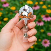 Ghost Reading Badge Reel | Halloween ID Badge Holder | Cute Fall Book Lover Gift | Pumpkin Retractable Name Tag Clip for Nurses & Teachers