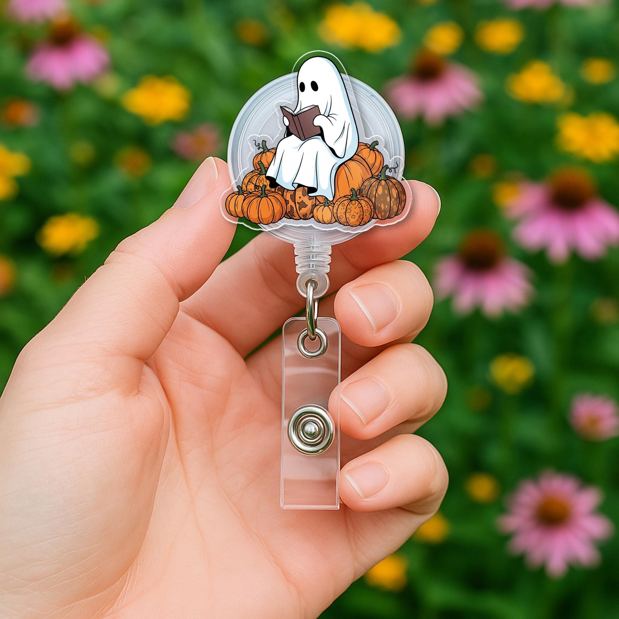 Ghost Reading Badge Reel | Halloween ID Badge Holder | Cute Fall Book Lover Gift | Pumpkin Retractable Name Tag Clip for Nurses & Teachers