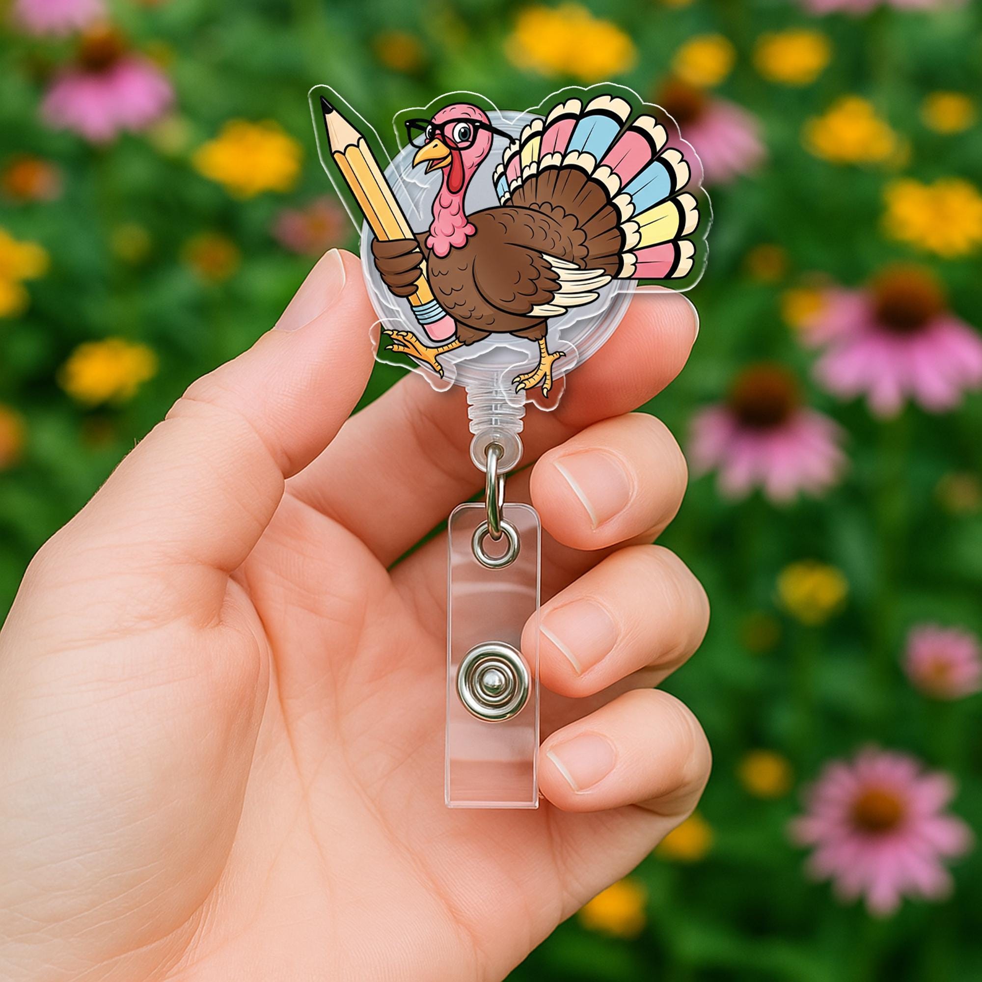 Thanksgiving Turkey Badge Reel | Funny Fall ID Holder with Pencil | Cute Teacher Gift | Retractable Name Tag Clip for Nurses & Staff